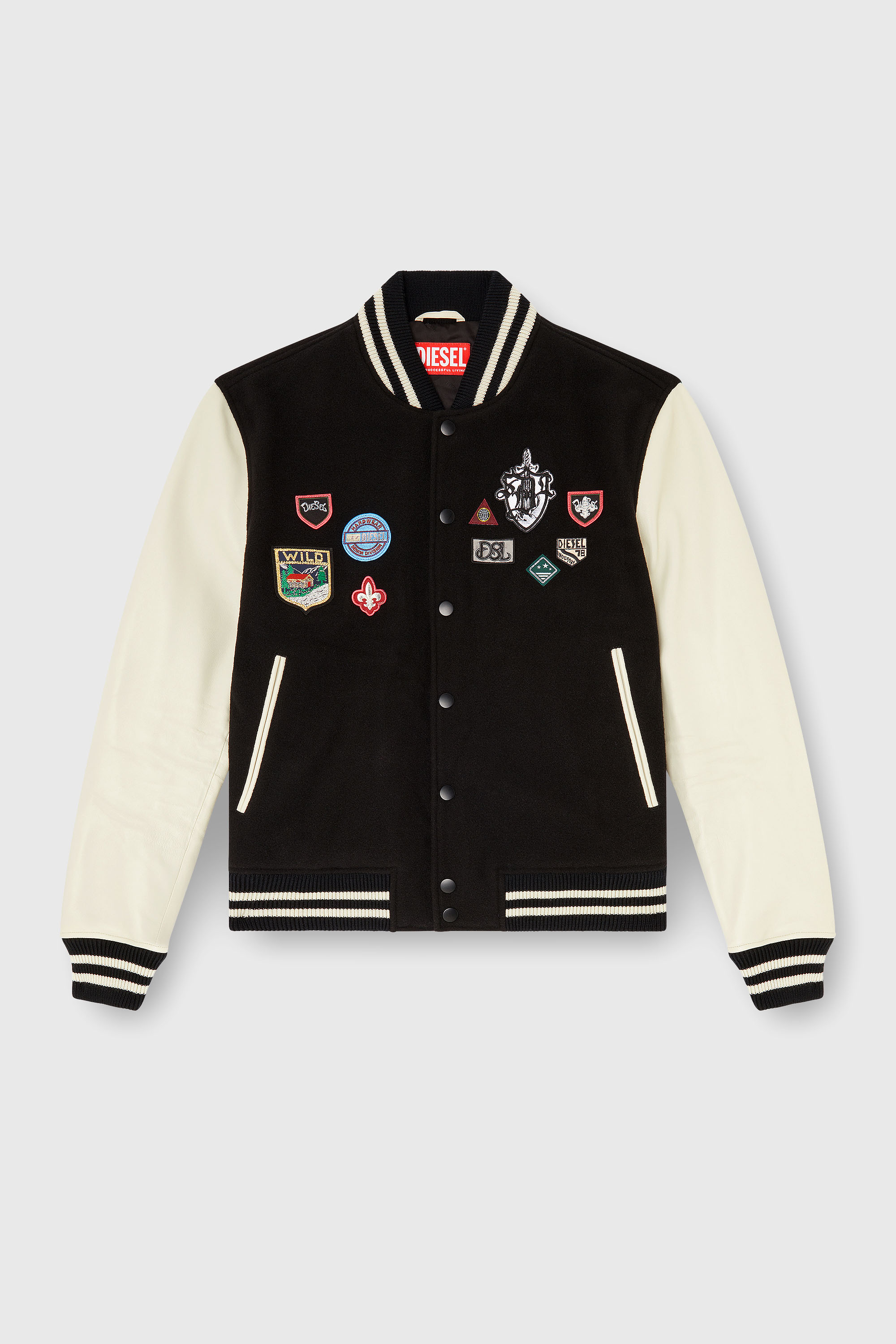 Diesel - L-ARRY-PATCH, Man's Wool and leather bomber jacket with patches in White/Black - 2