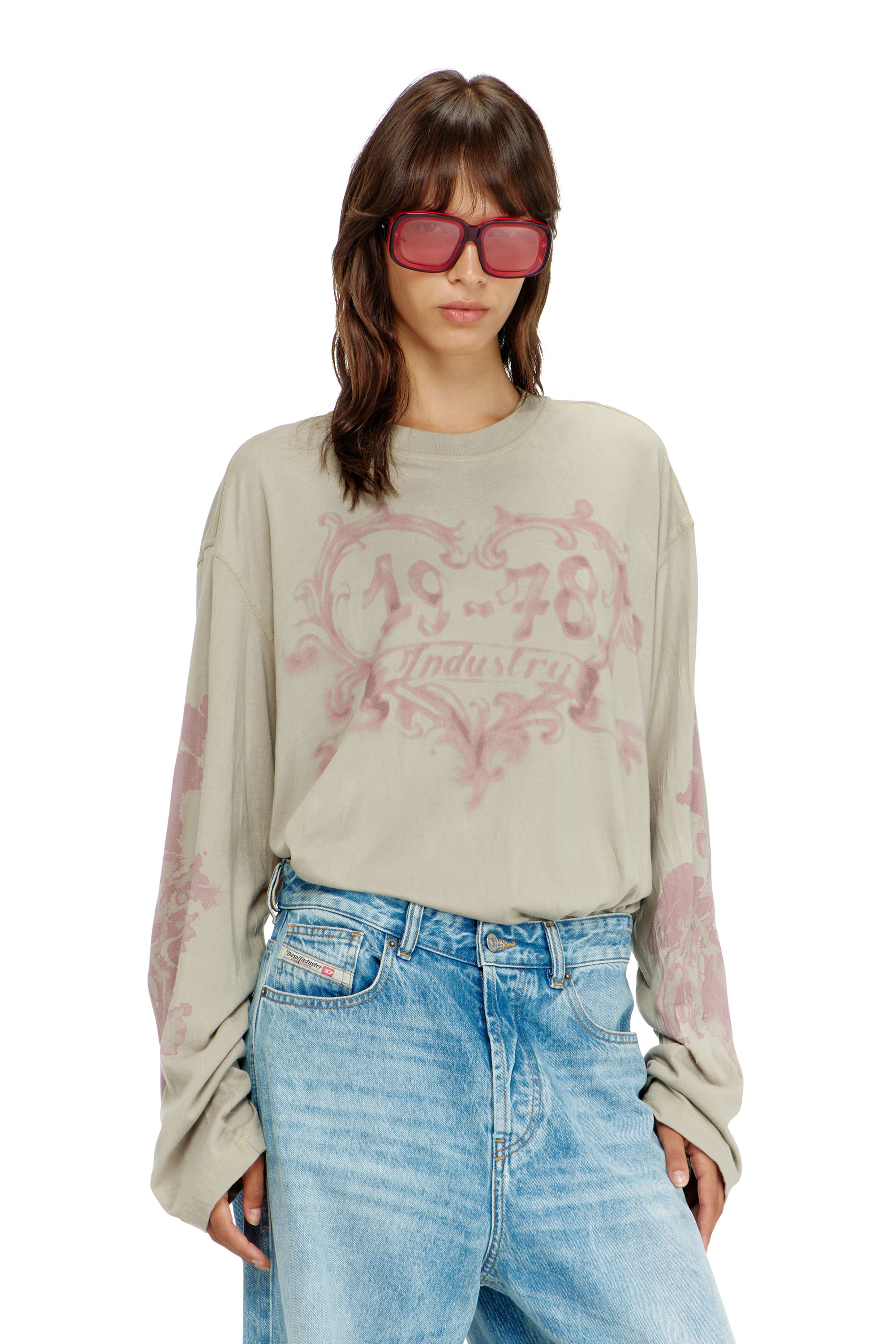 Diesel - T-HILARY-LS-AA1, Woman's Cotton long-sleeve T-shirt with graphic print in Pink/Beige - 1