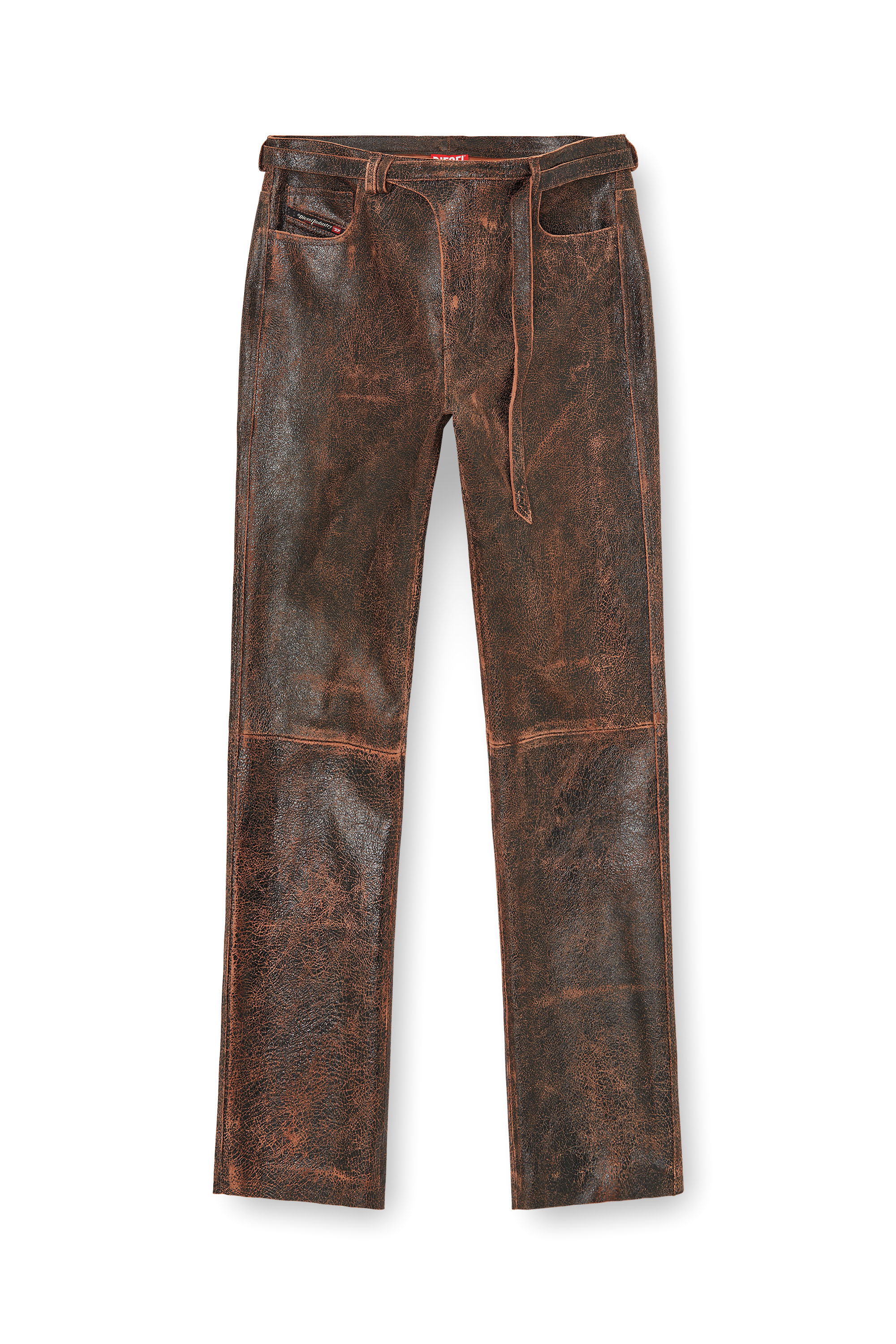 Diesel - P-NURI, Man's Cracked-leather pants with biker strap detail in Brown - 2