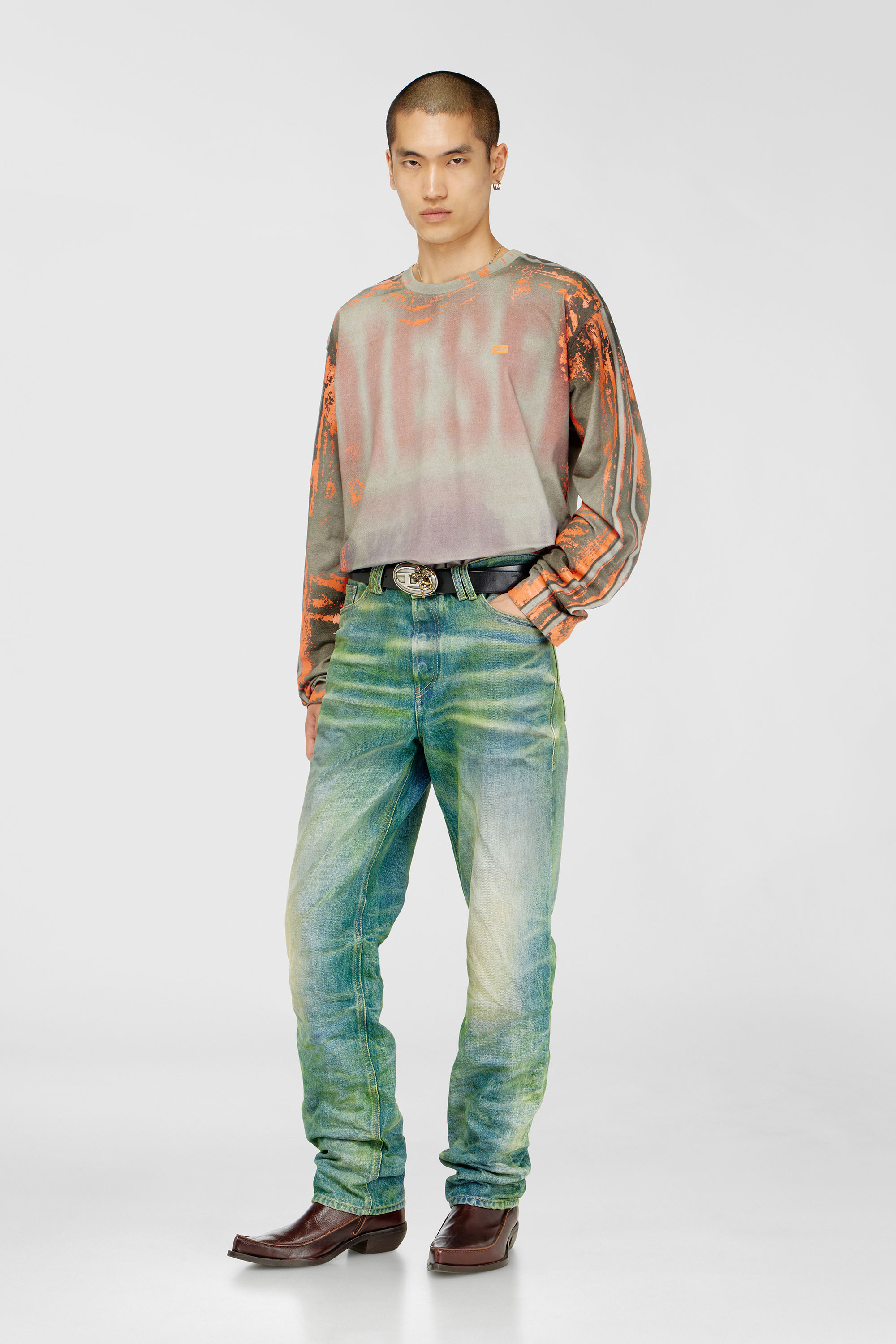 Diesel - T-FILMY, Man's Long-sleeve T-shirt in cracked jersey in Grey/Orange - 1
