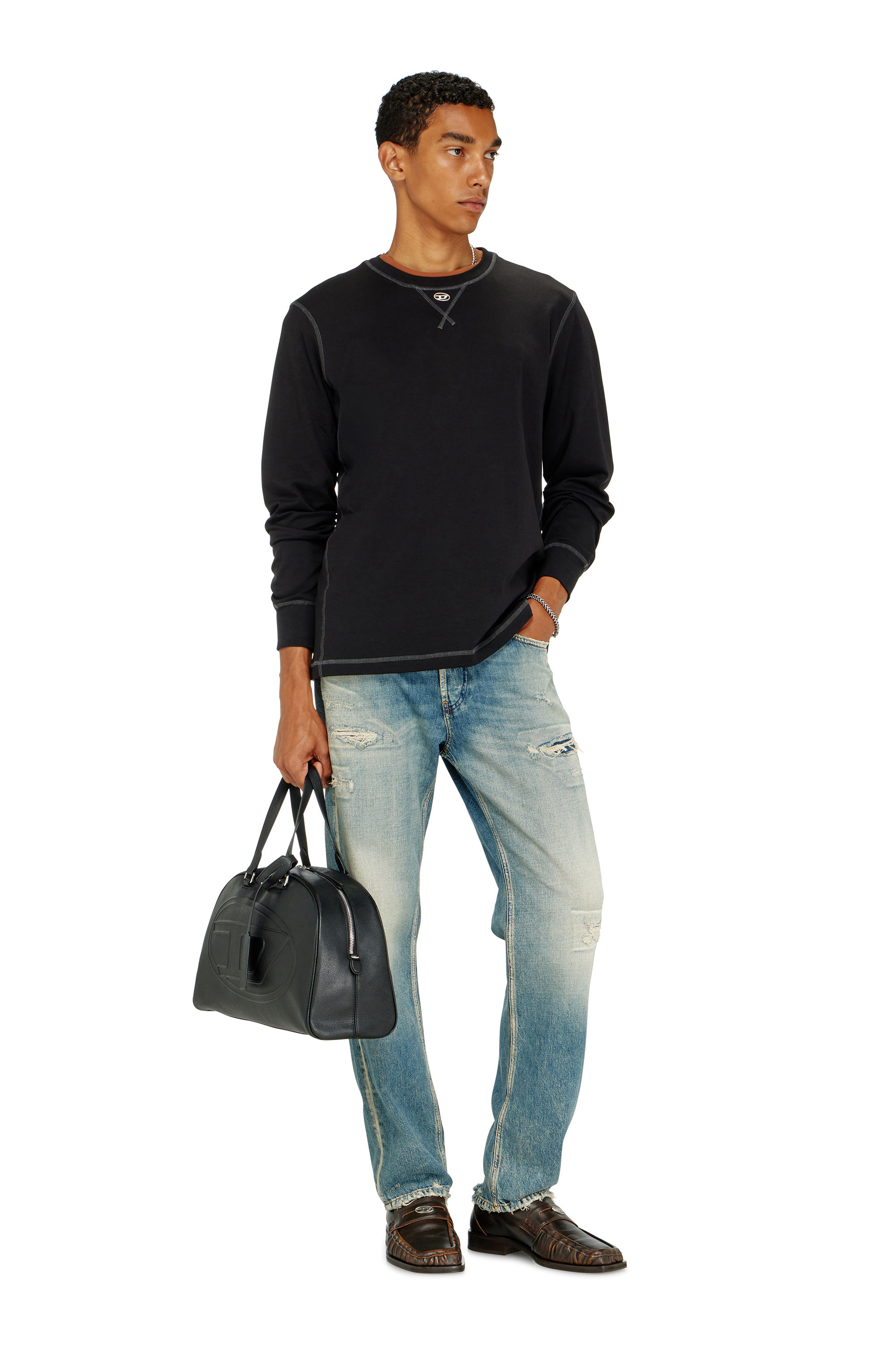 Diesel - T-MADJUST-LS-TR, Man's Cotton long-sleeve T-shirt with Oval D in Dark grey - 1