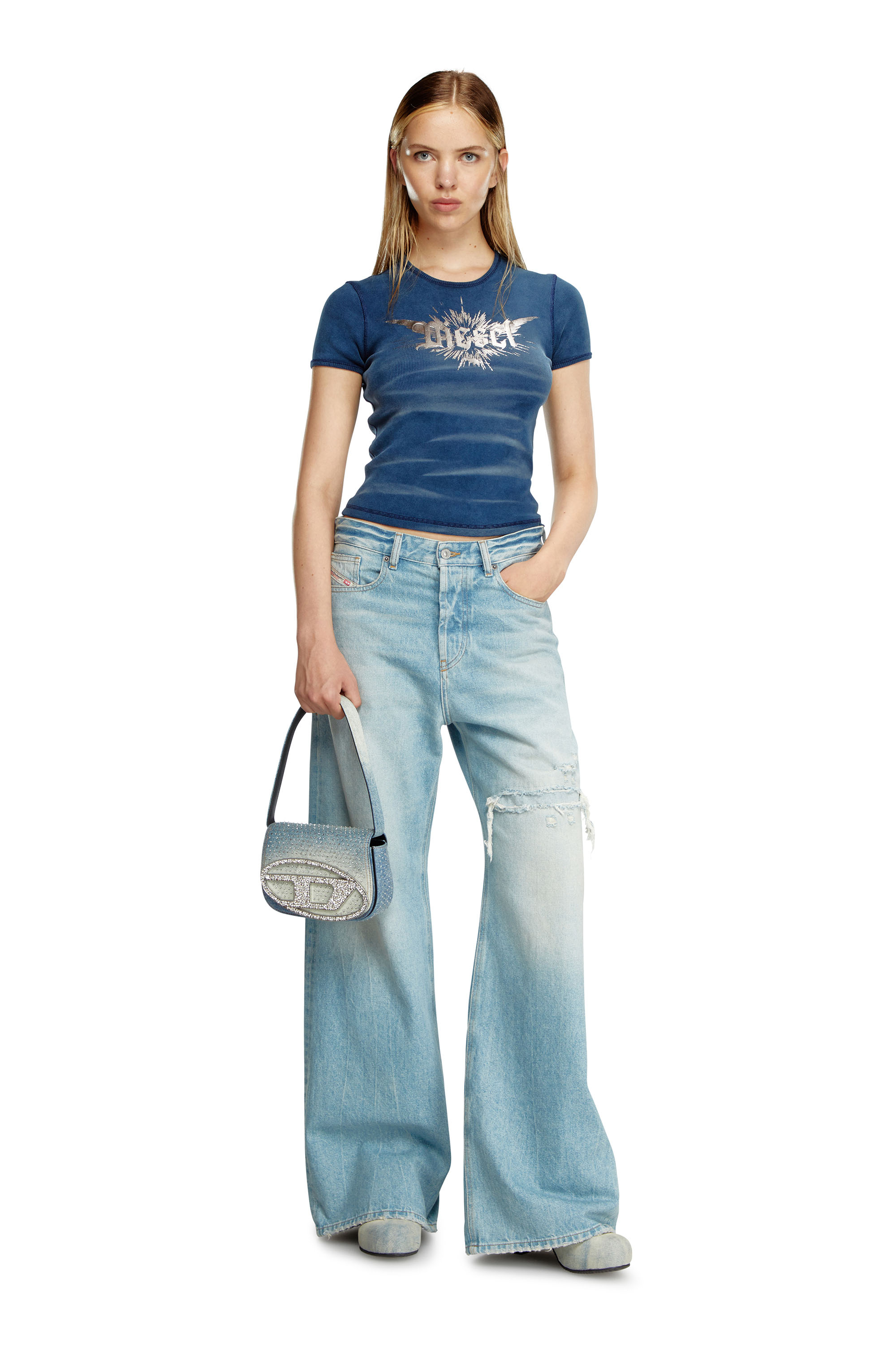 Diesel - 1DR, Woman's 1DR - Iconic shoulder bag in denim and crystals in Light Blue - 6