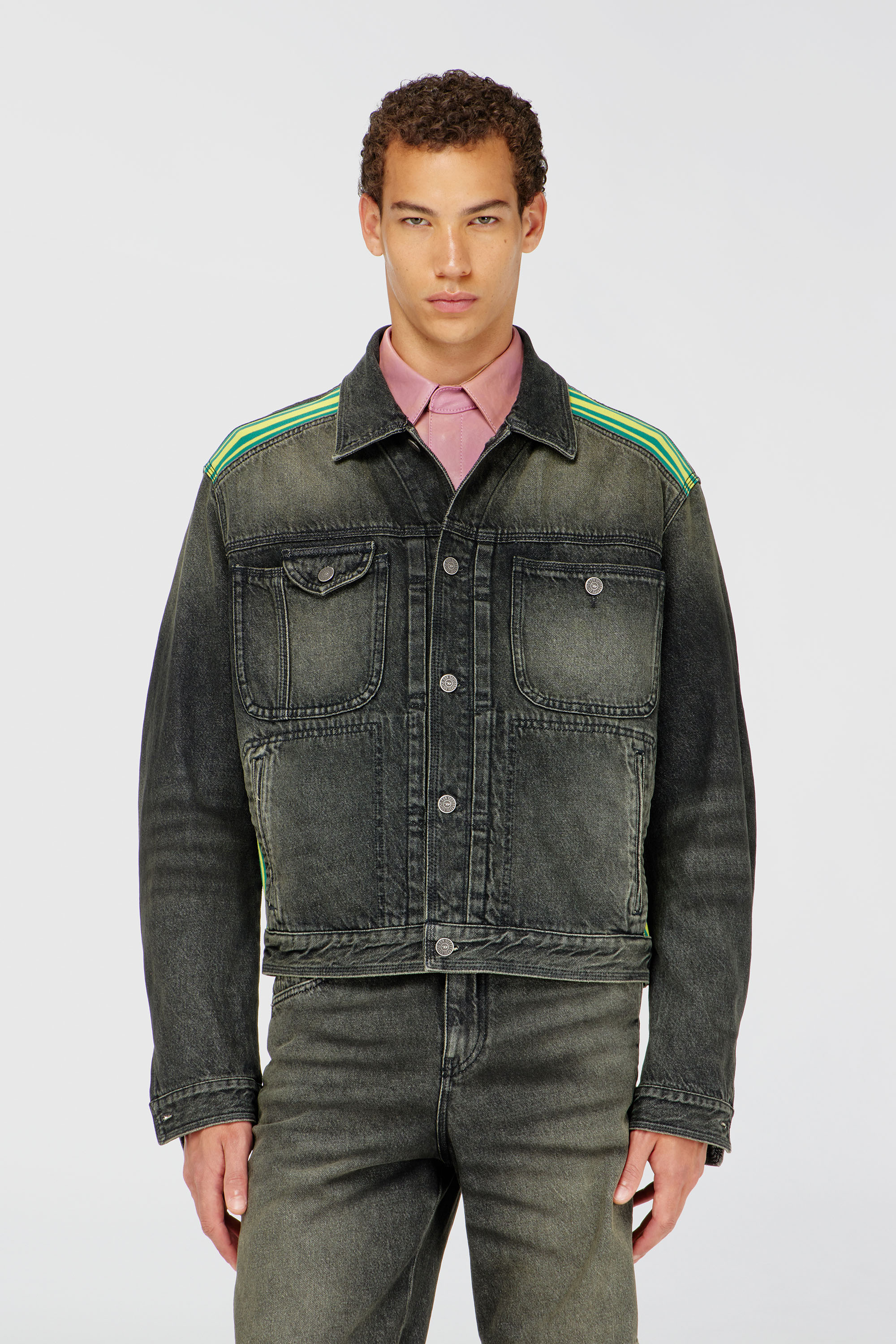 Diesel - D-BAS-FSJ1, Man's Trucker jacket with striped shoulder bands in Dark grey - 1