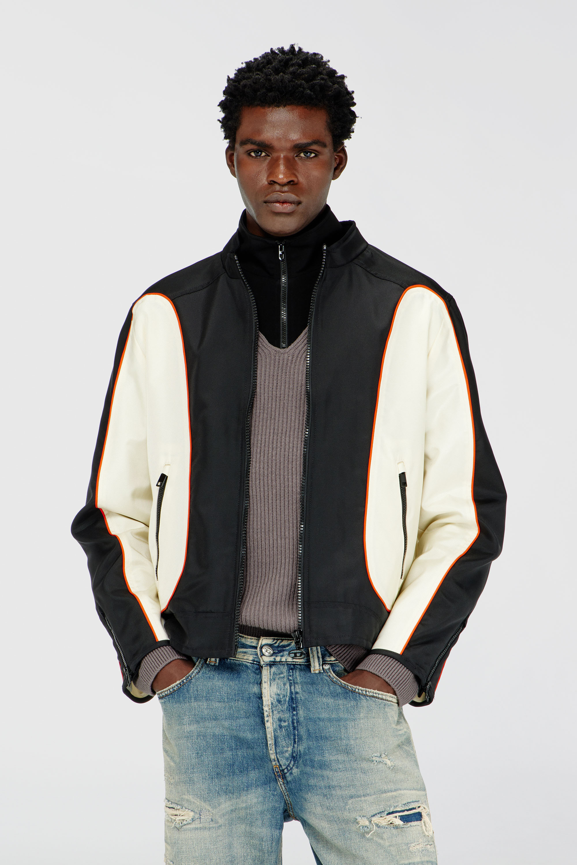 Diesel - J-BLINK-WRD, Man's Nylon jacket with color block and piping details in Black/White - 1