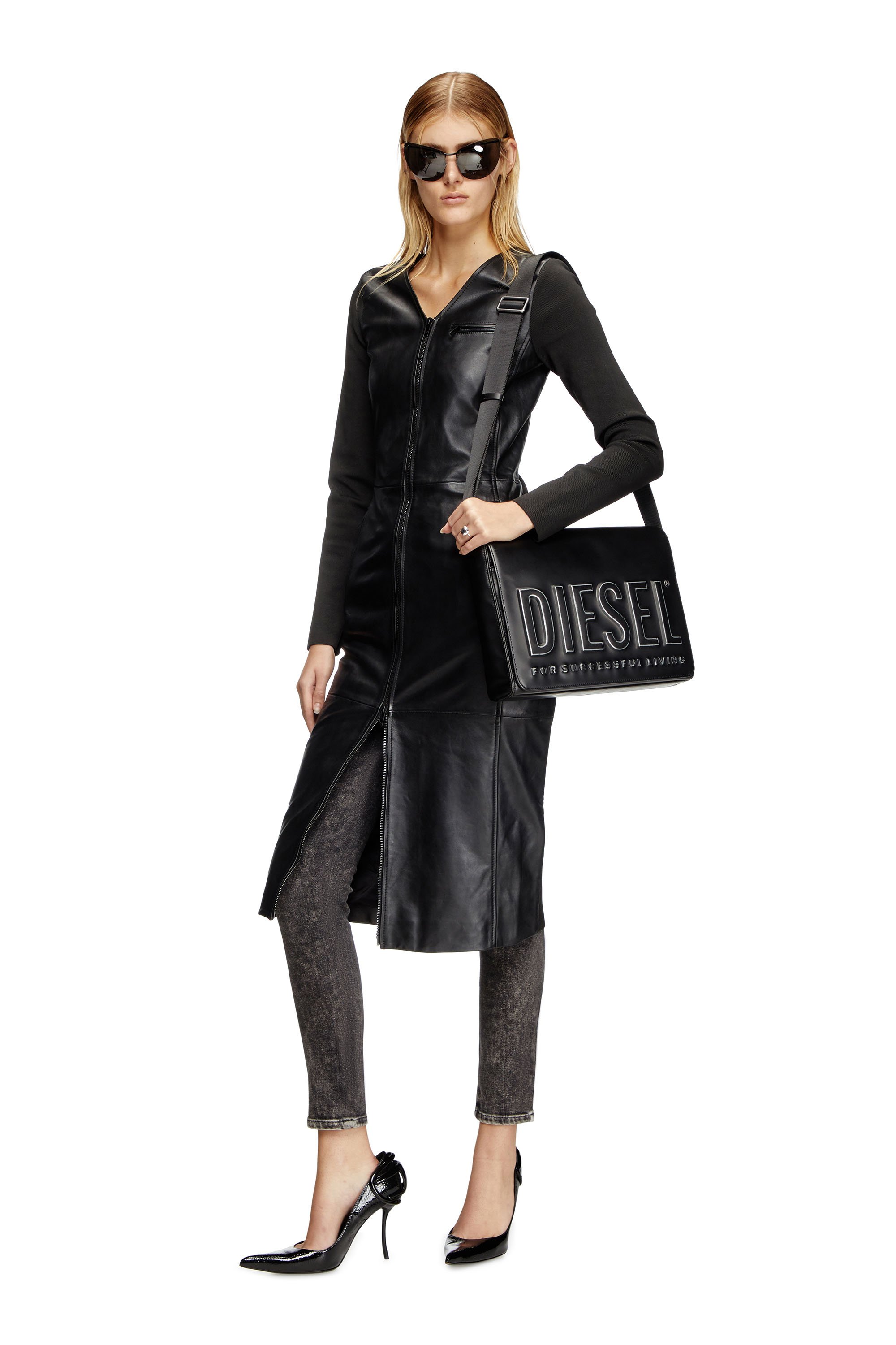 Diesel - L-OLA, Woman's Dress in leather and stretch knit in Black - 3