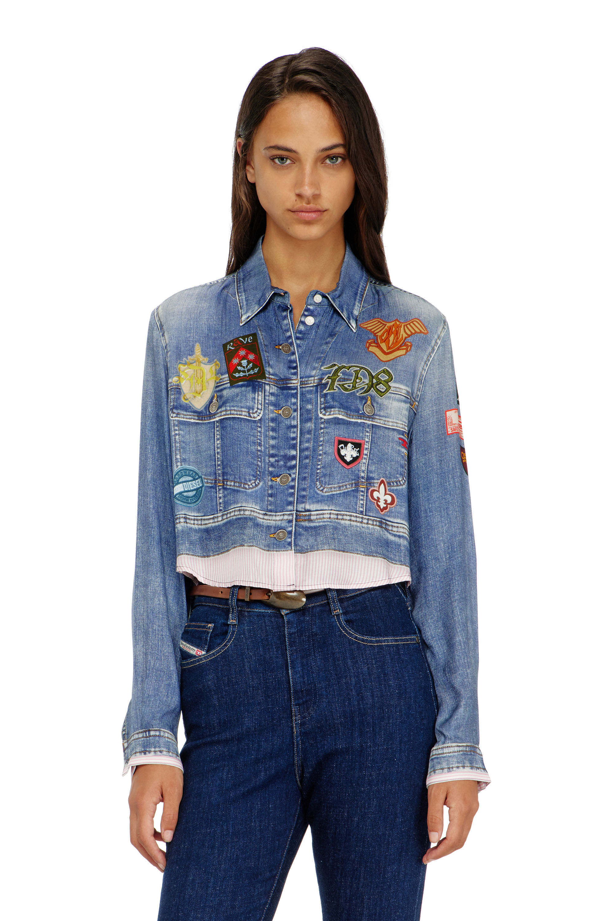 Diesel - C-LONE, Woman's Cropped satin shirt with trompe-l&rsquo;oeil denim print in null - 1
