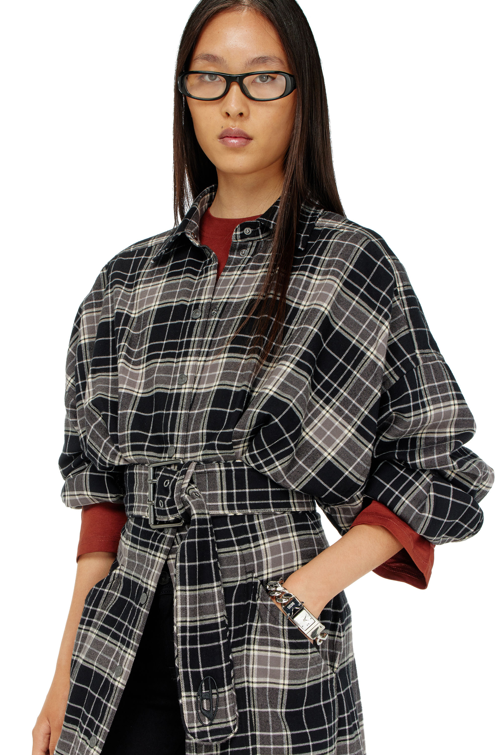 Diesel - D-EDALUS, Woman's Midi dress in check flannel with wide belt in Grey/Black - 4