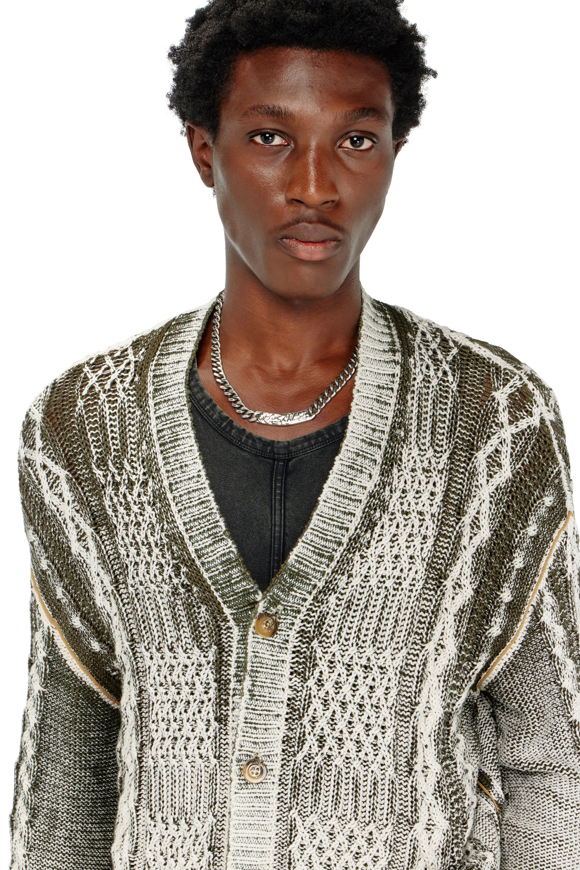 Diesel - K-MIOTO, Man's Treated cable-knit cardigan in White/Grey - 5