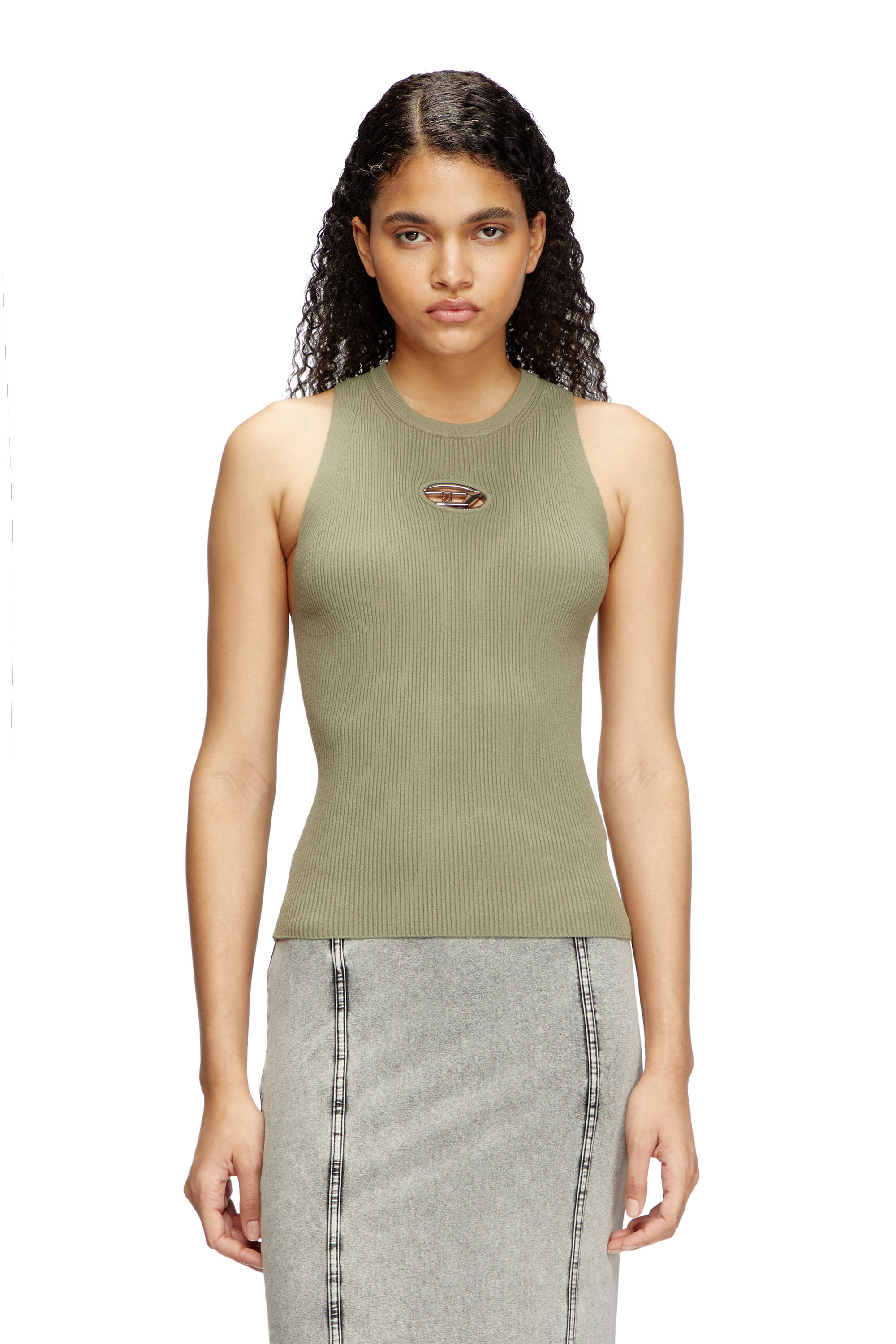 Diesel - M-CADDIX-TOP, Woman's Rib-knit top with small logo plaque in Green - 1