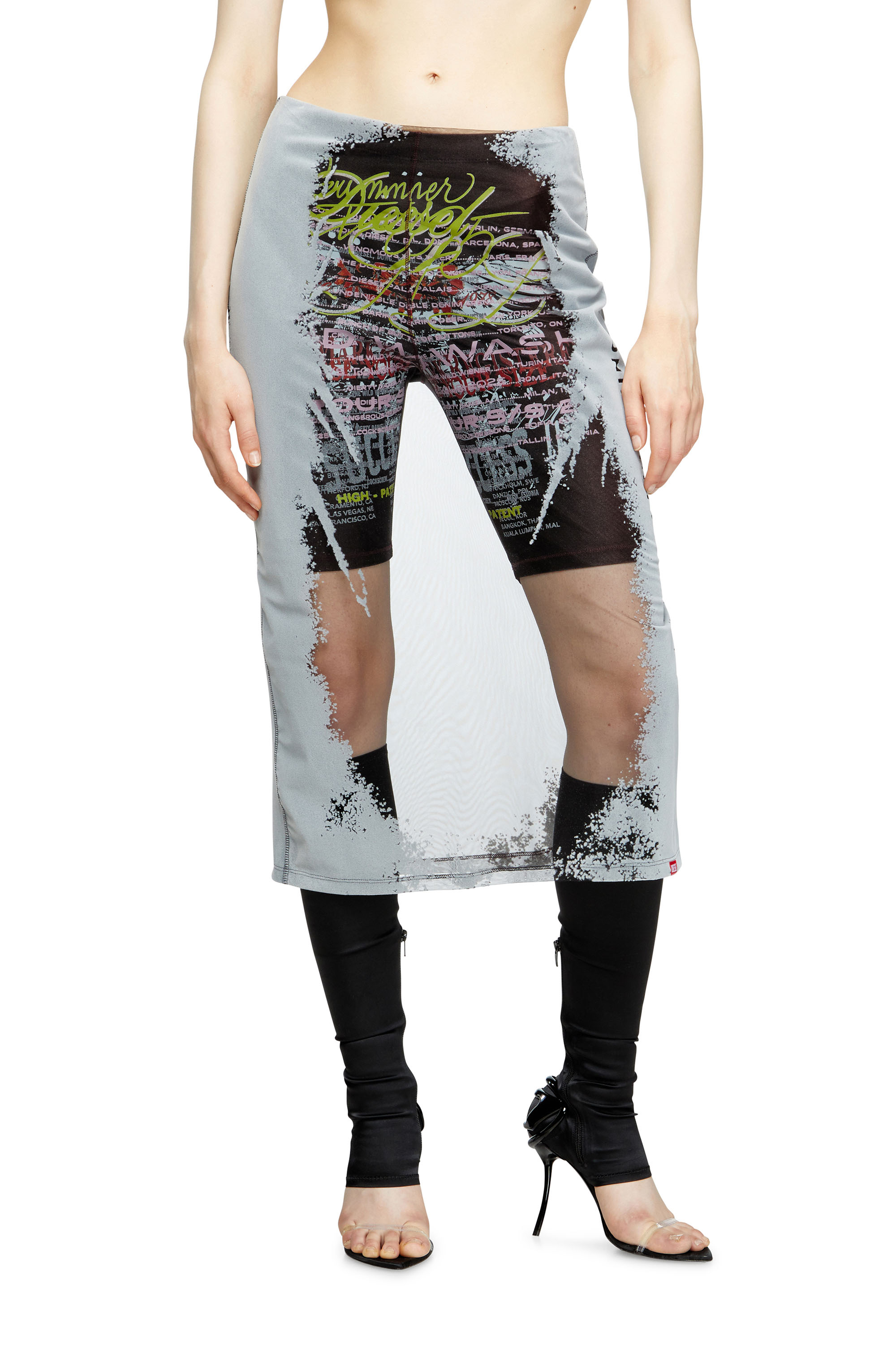O-LYAC, Black/Grey Diesel - O-LYAC, Woman's Layered midi skirt with lyrics print in Black/Grey - 3