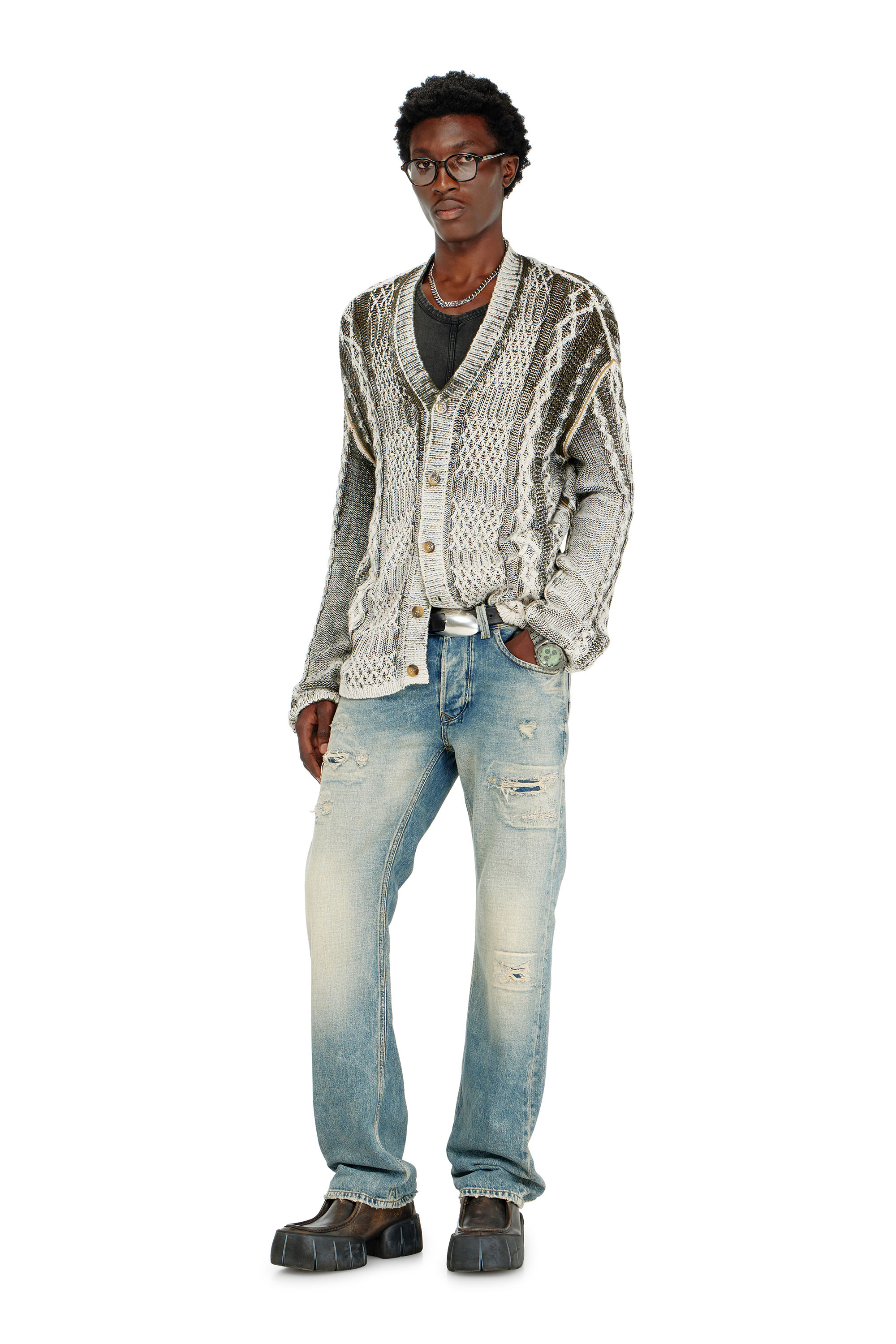 Diesel - K-MIOTO, Man's Treated cable-knit cardigan in White/Grey - 1