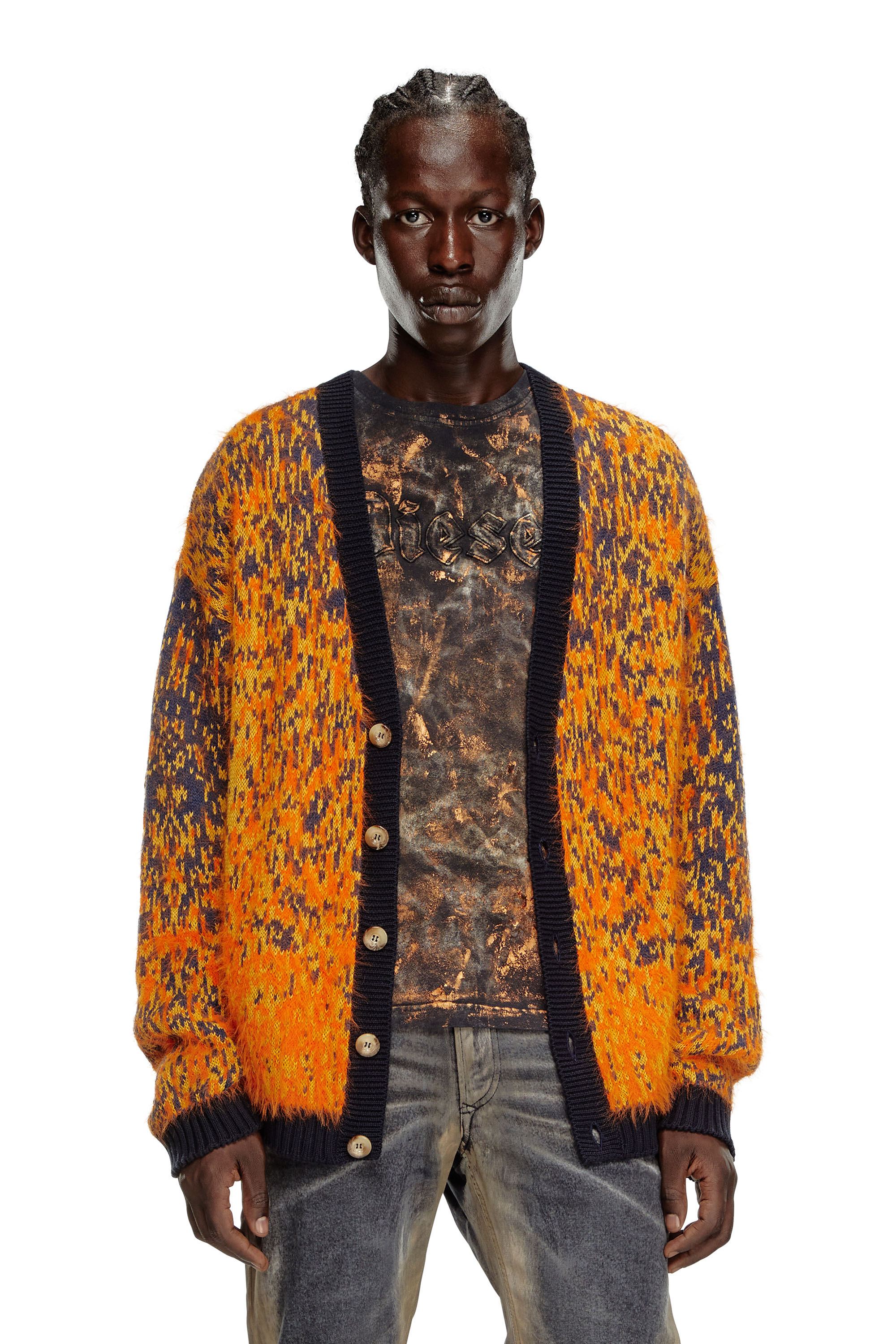 Diesel - K-RANGER, Man's Fuzzy cardigan with abstract pattern in Orange - 2