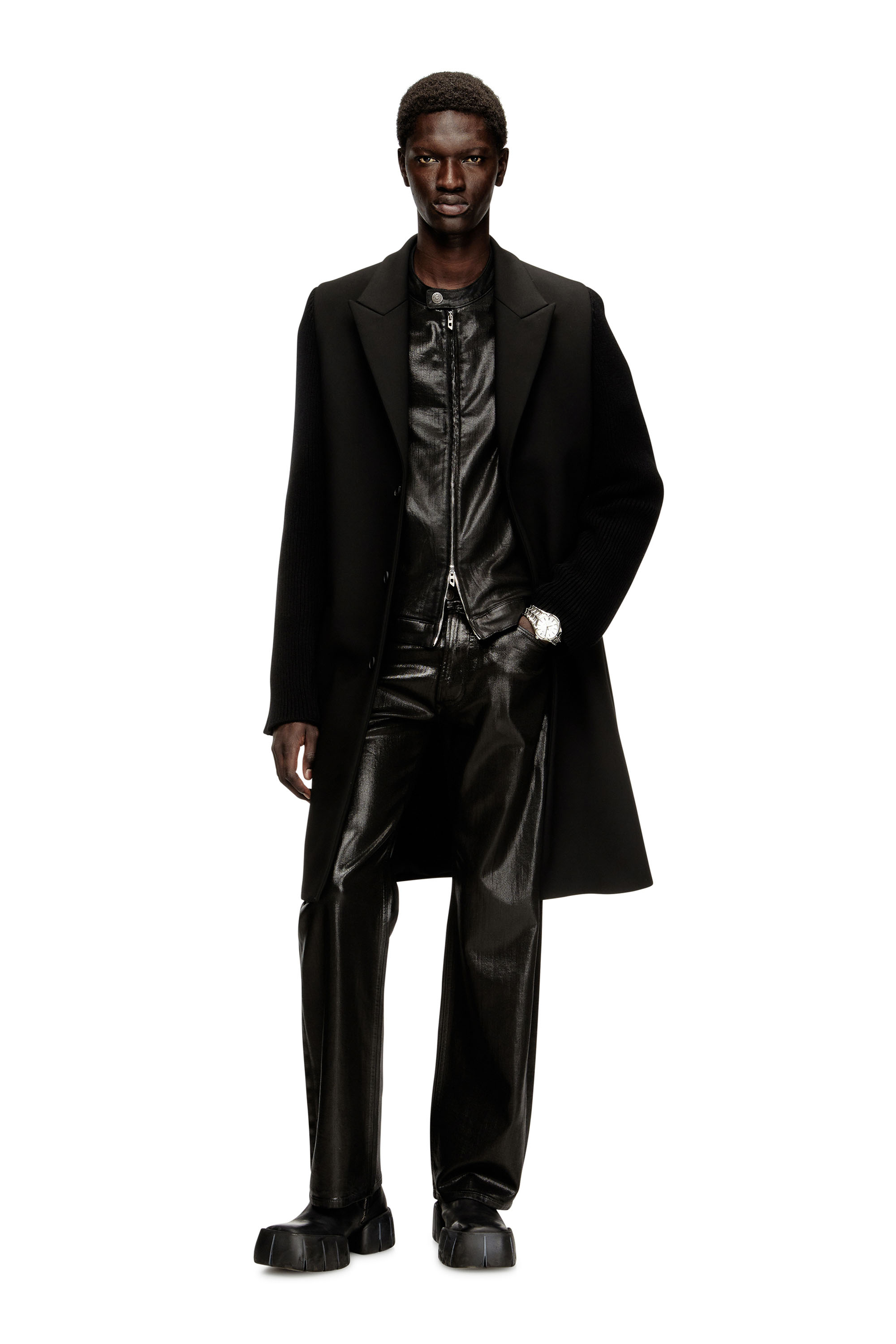 Diesel - W-YARD, Man's Coat in tailoring fabric and ribbed knit in Black - 3