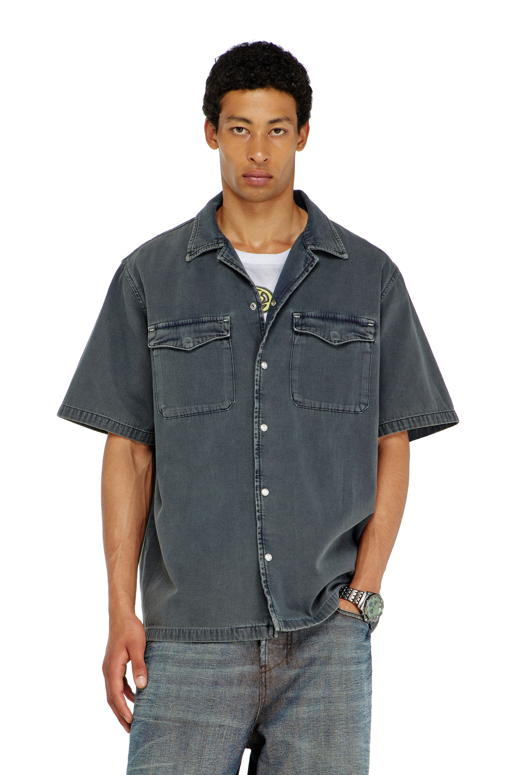 Diesel - D-NABIL-P, Man's Bowling shirt in coloured denim in null - 1