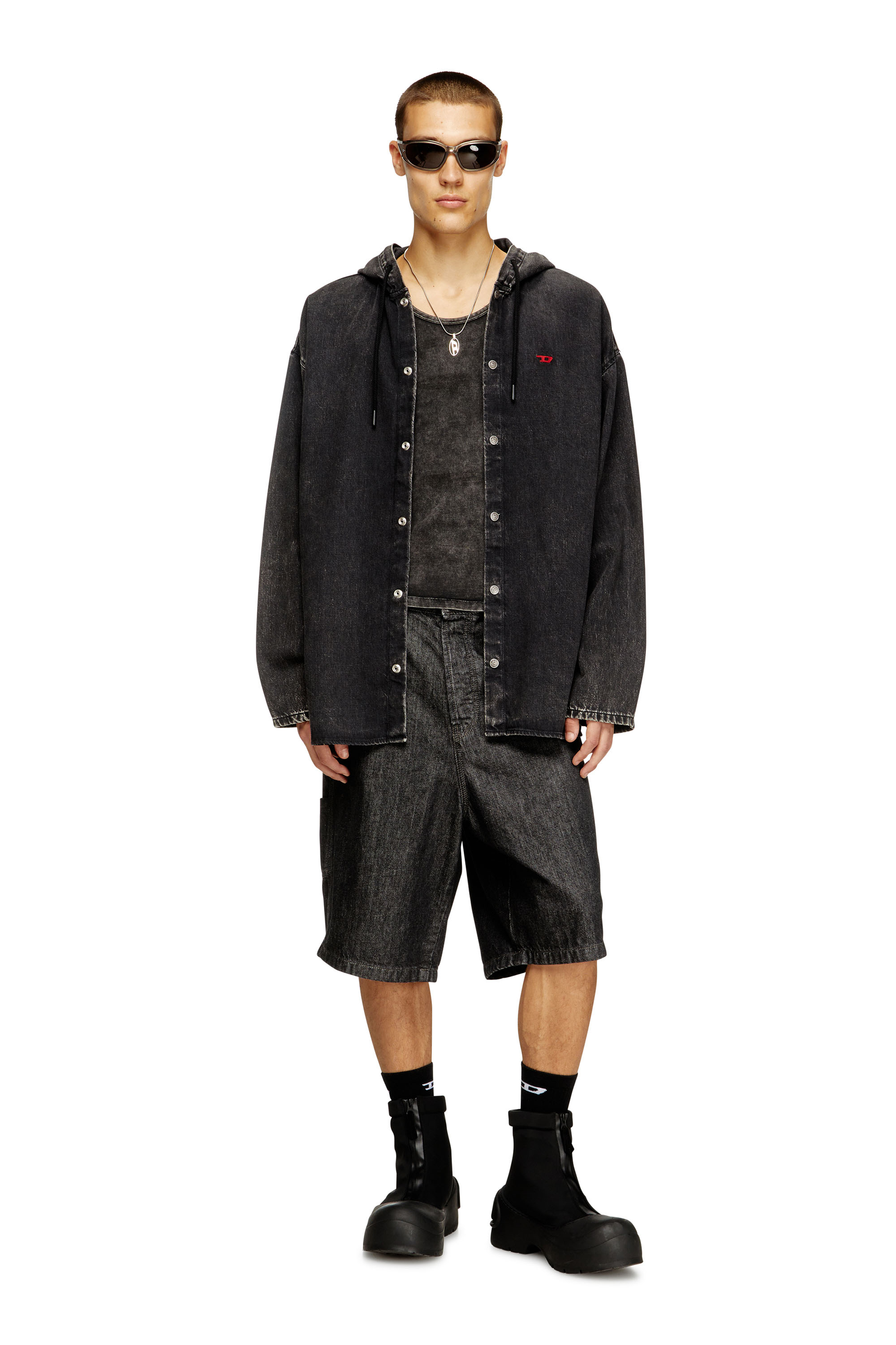 Diesel - D-DEWNY-HOOD, Man's Hybrid shirt in Tencel denim in Black - 1