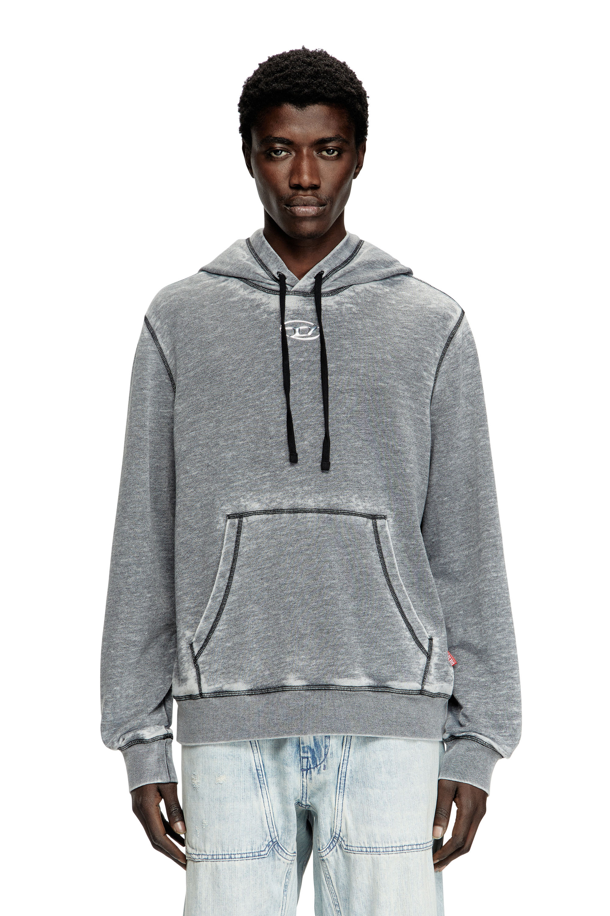 Diesel - S-GINN-HOOD-PAK, Man's Burnout hoodie with metal-look logo in Grey - 1