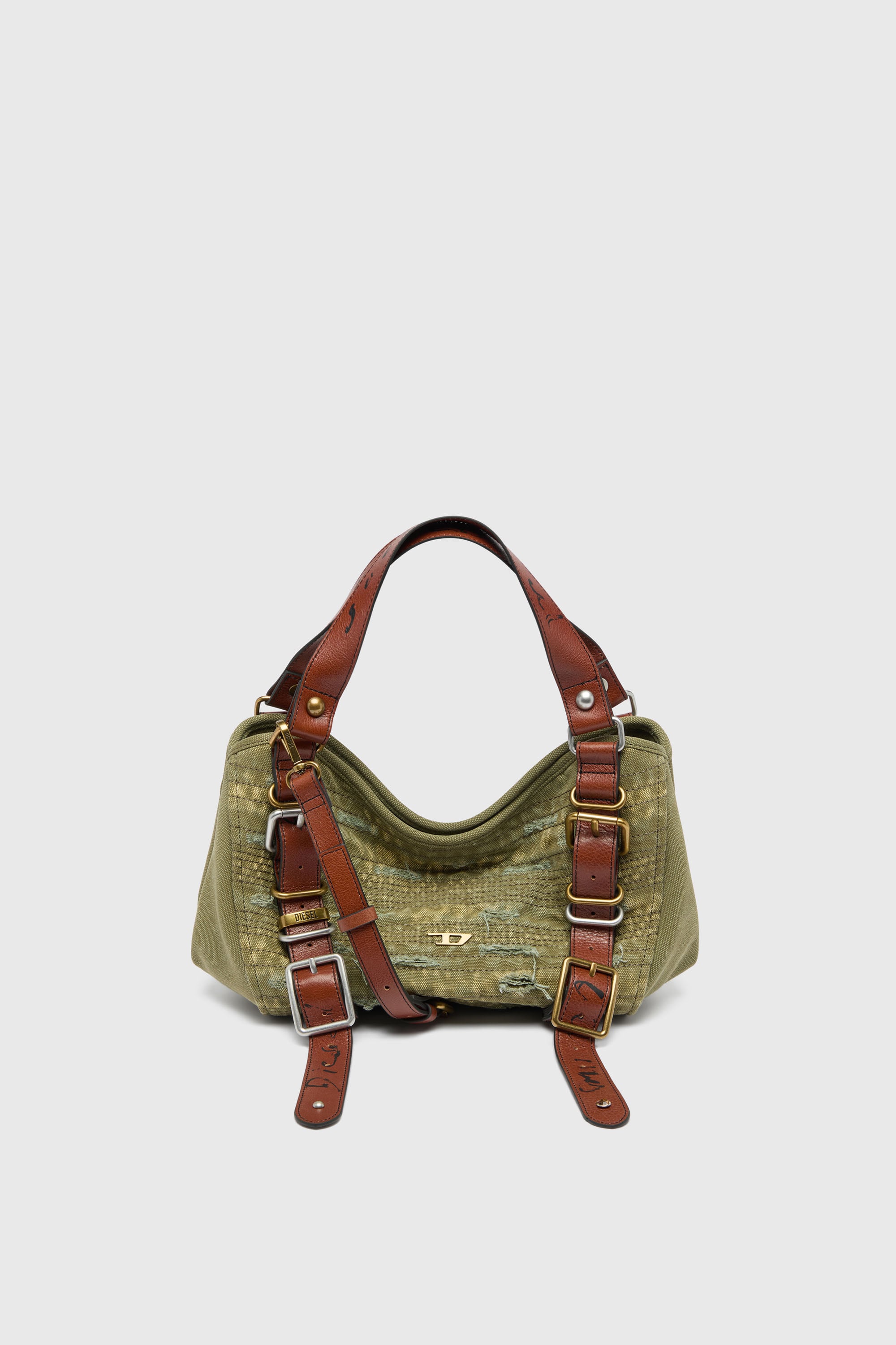 Diesel - D-ONE TOPHANDLE S, Woman's D-One-Small top-handle bag in distressed canvas and leather in Green - 1