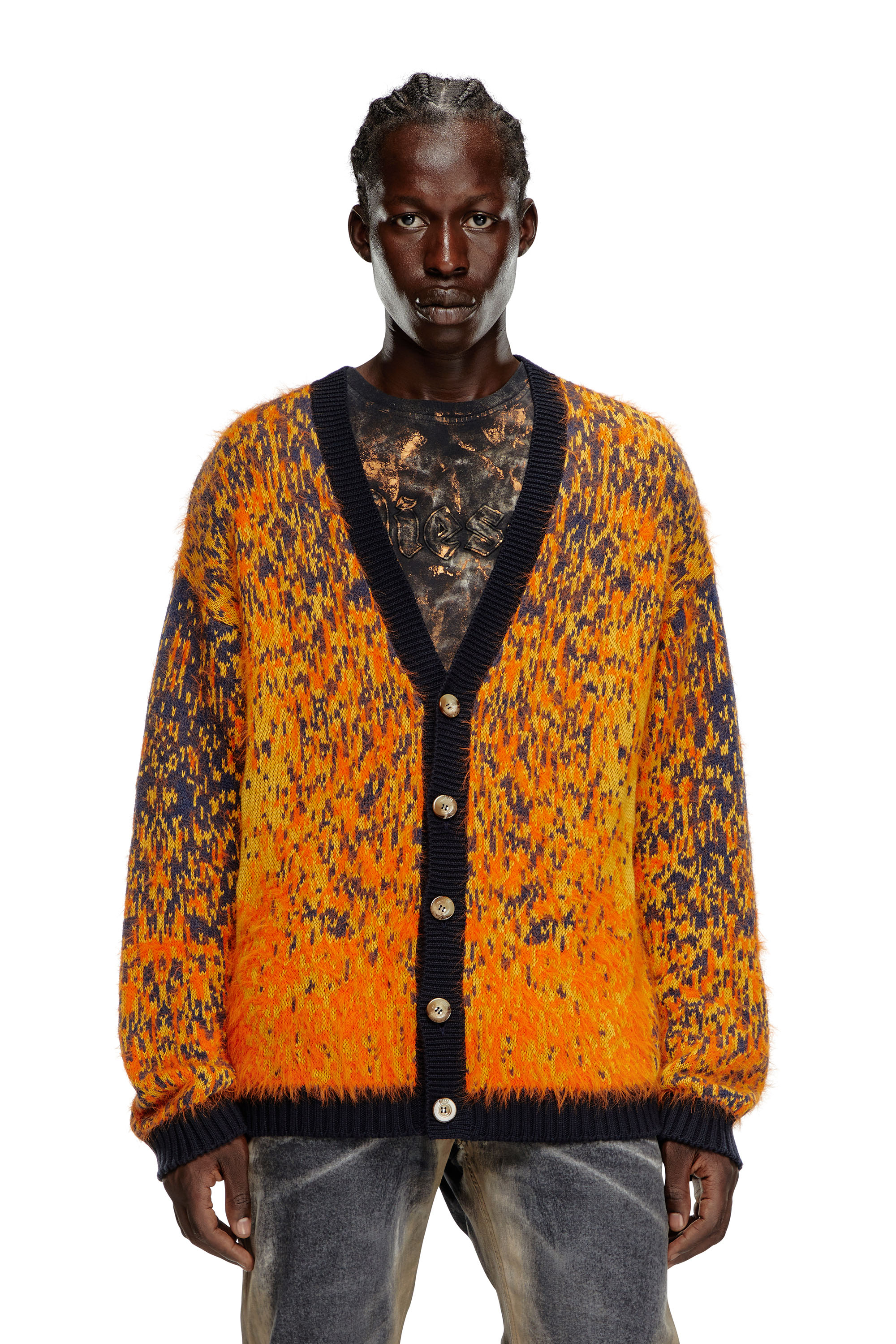 Diesel - K-RANGER, Man's Fuzzy cardigan with abstract pattern in Orange - 6