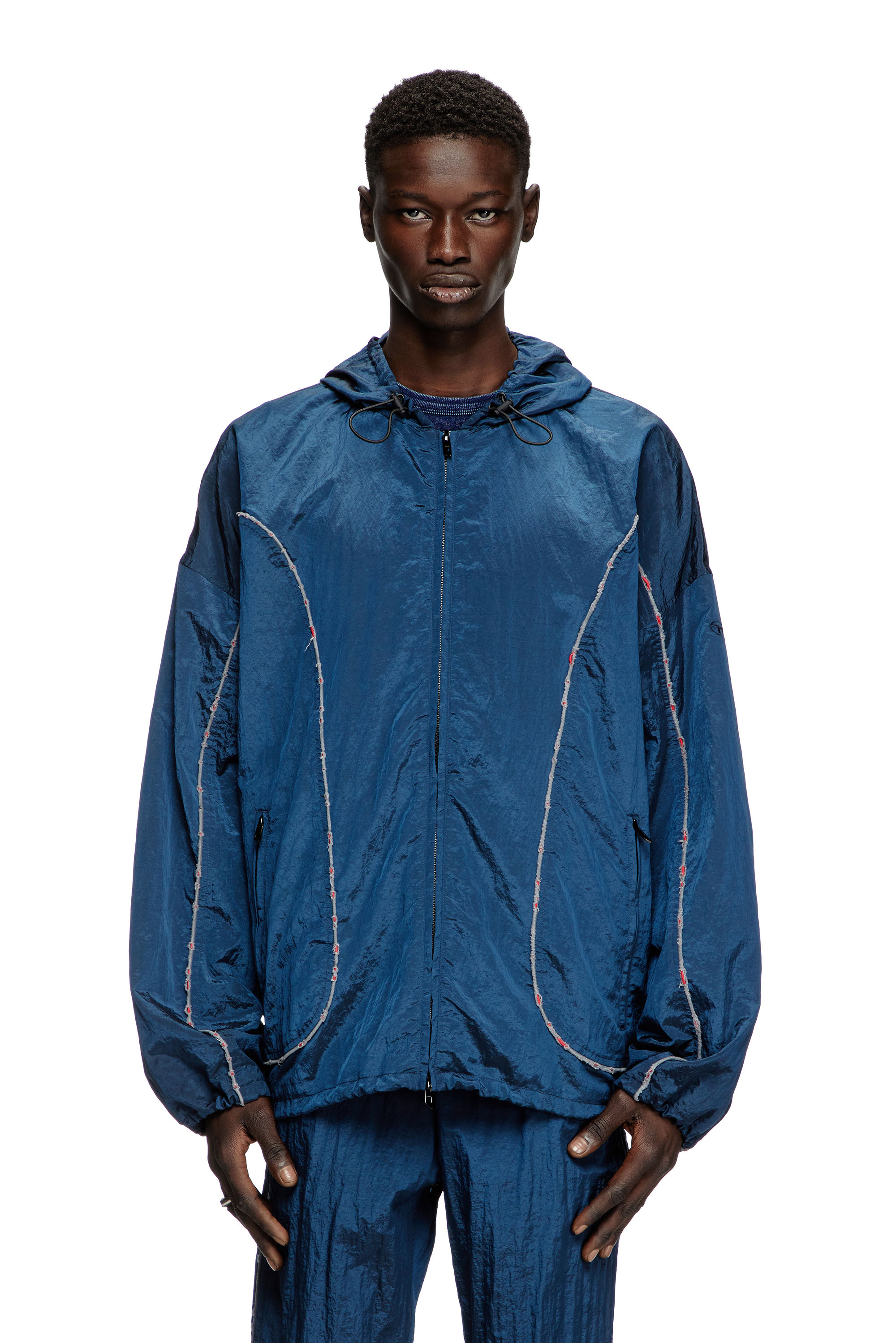 Diesel - J-ANTHEIT, Man's Windbreaker with destroyed piping in Blue - 1