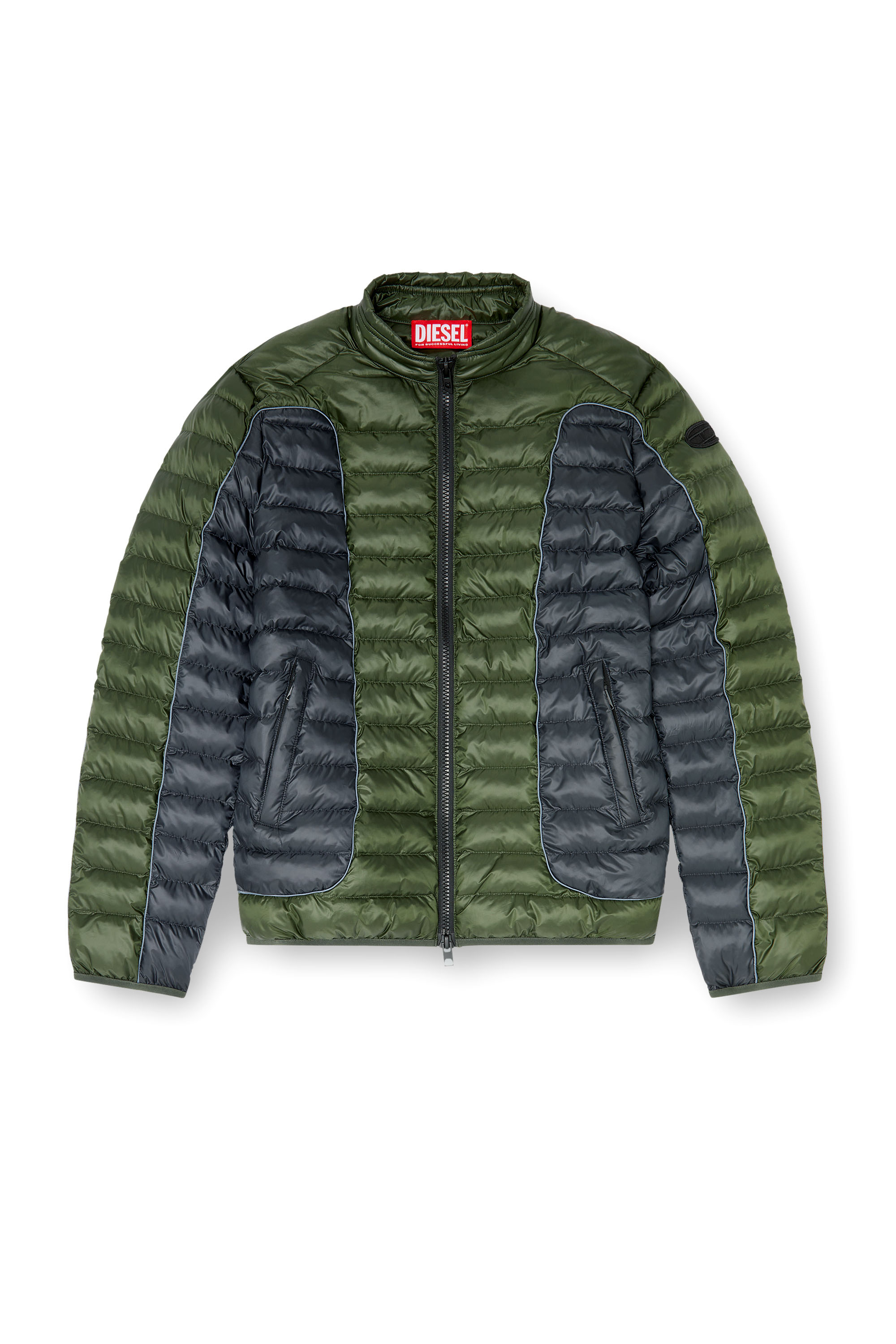 Diesel - W-PILOT-BLOCK, Man's Biker-style puffer jacket with colour-block design in Grey/Green - 3