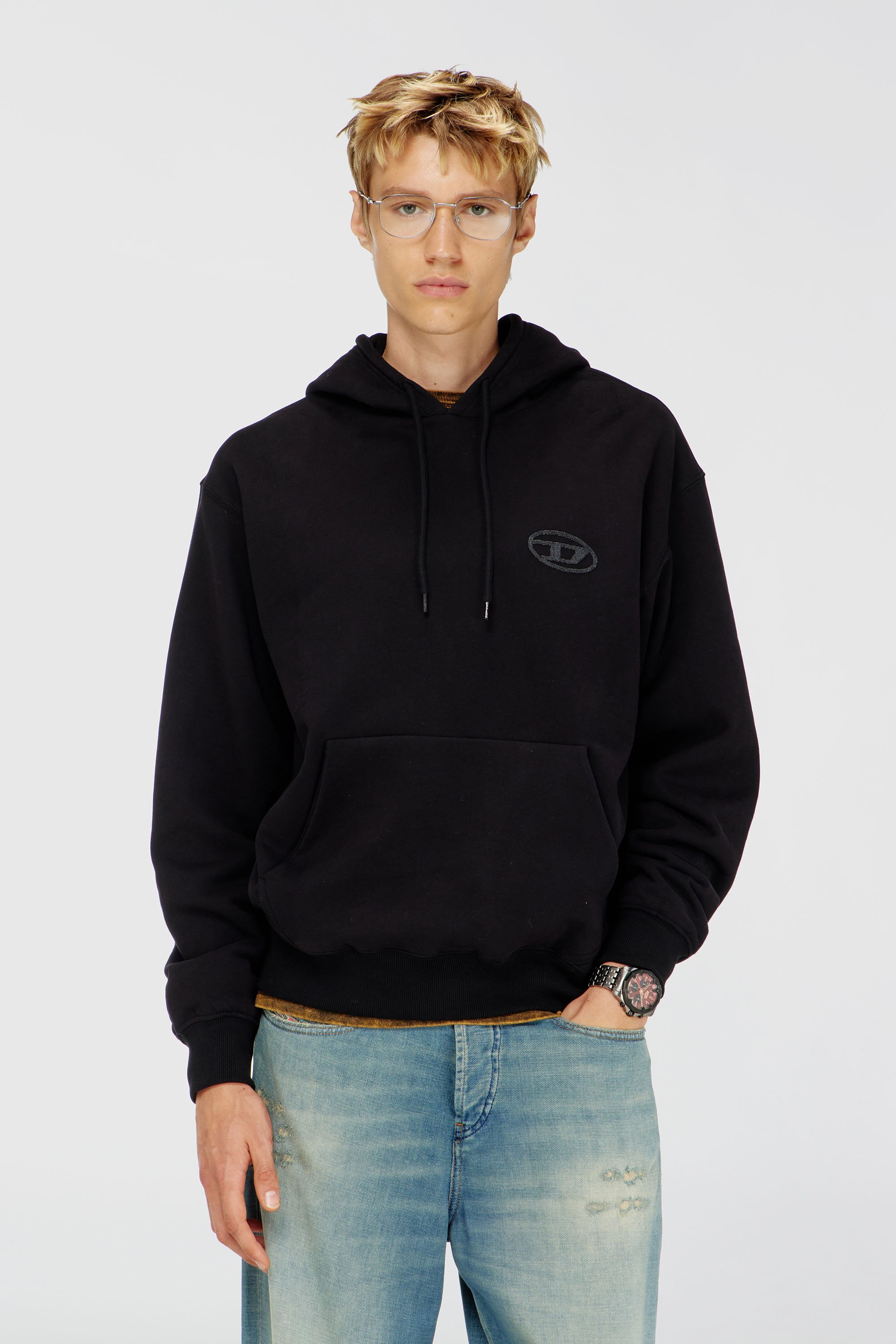 Diesel - S-LUK-H-T92, Man's Cotton hoodie with tonal Oval D logo embroidery in Black - 1