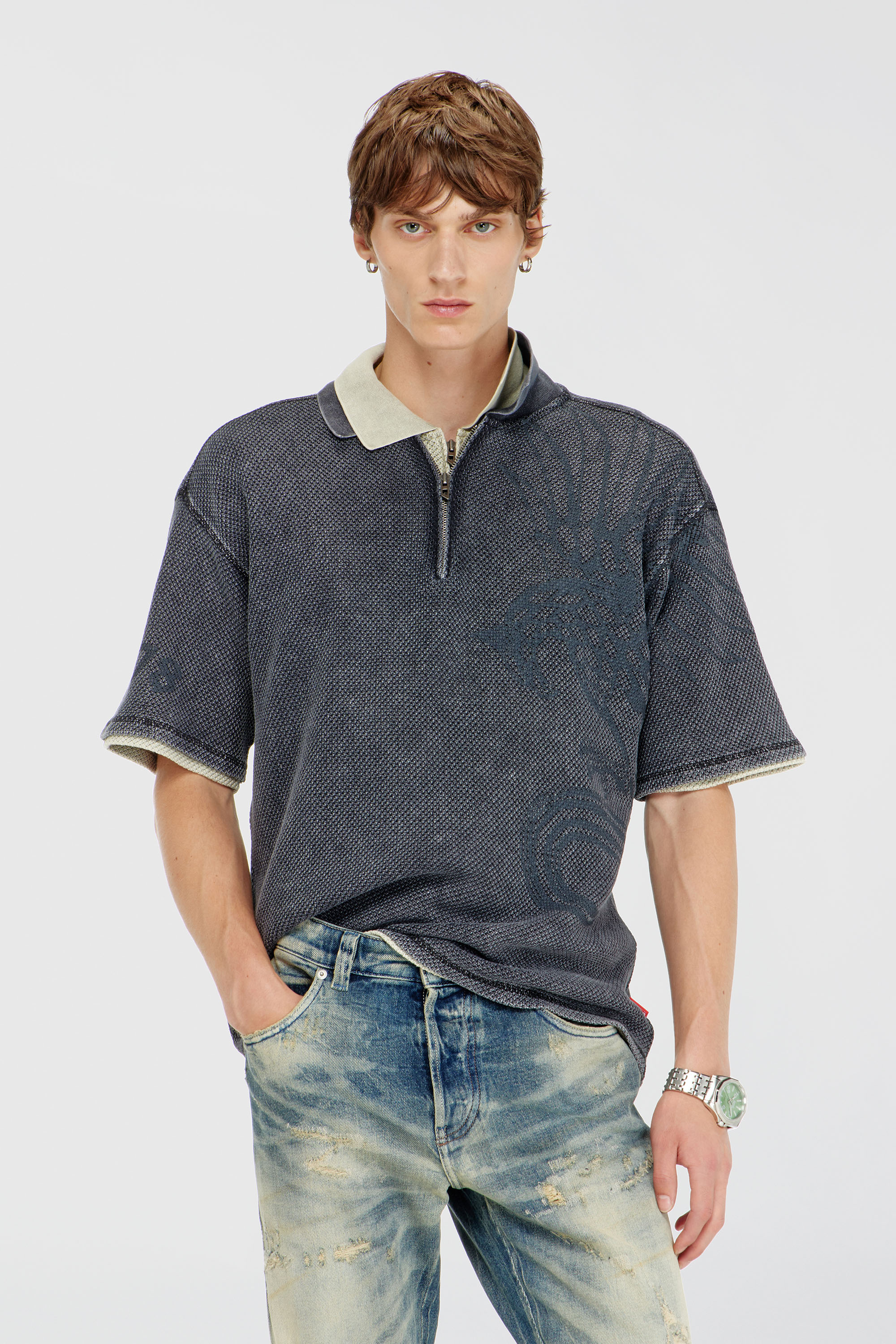 Diesel - T-ERRY-ZIP, Man's Mesh-jacquard polo shirt with Phoenix print in Dark grey - 3