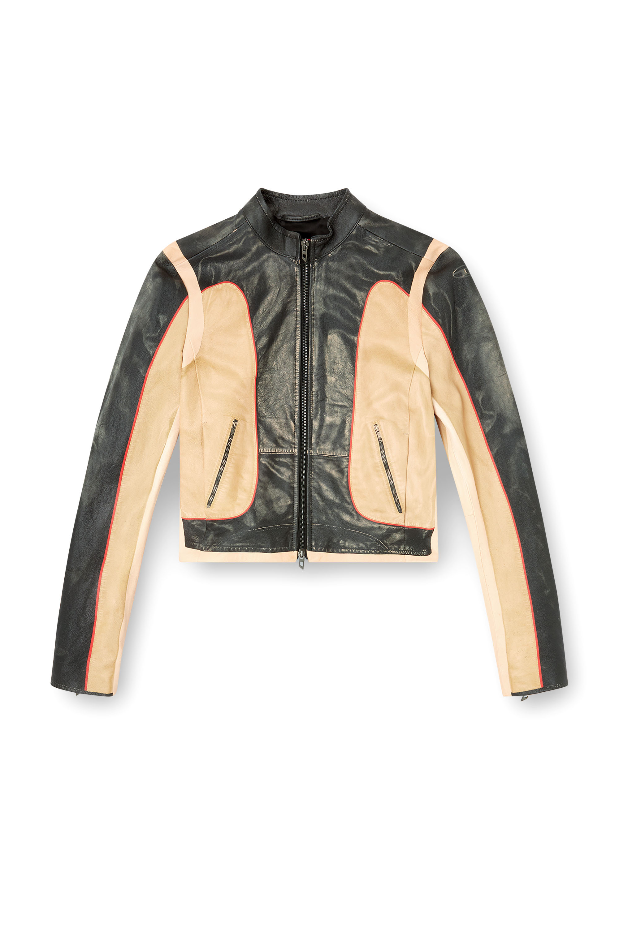 Diesel - L-OONIE, Woman's Trompe l'oeil-effect leather biker jacket in Beige/Black - 2