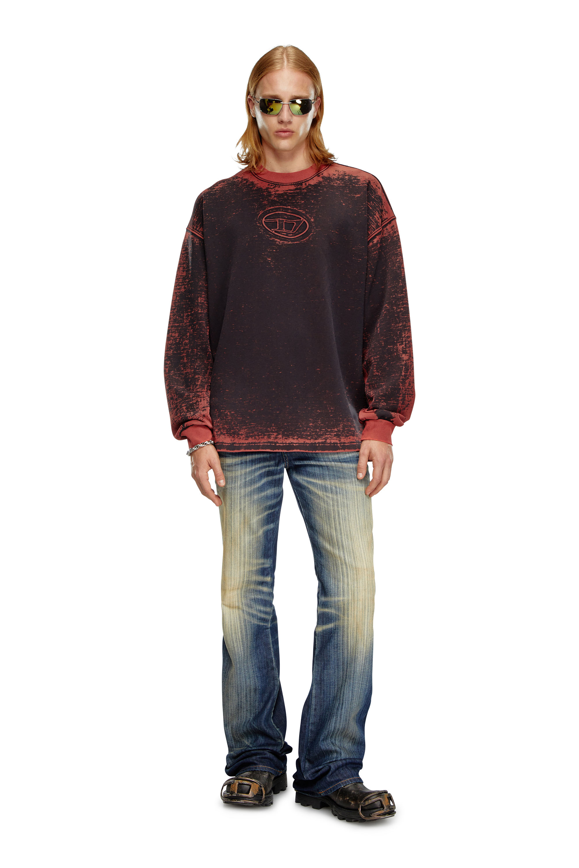 Diesel - S-BAXT-Q1, Man's Burnout sweatshirt with embossed Oval D in Red - 2