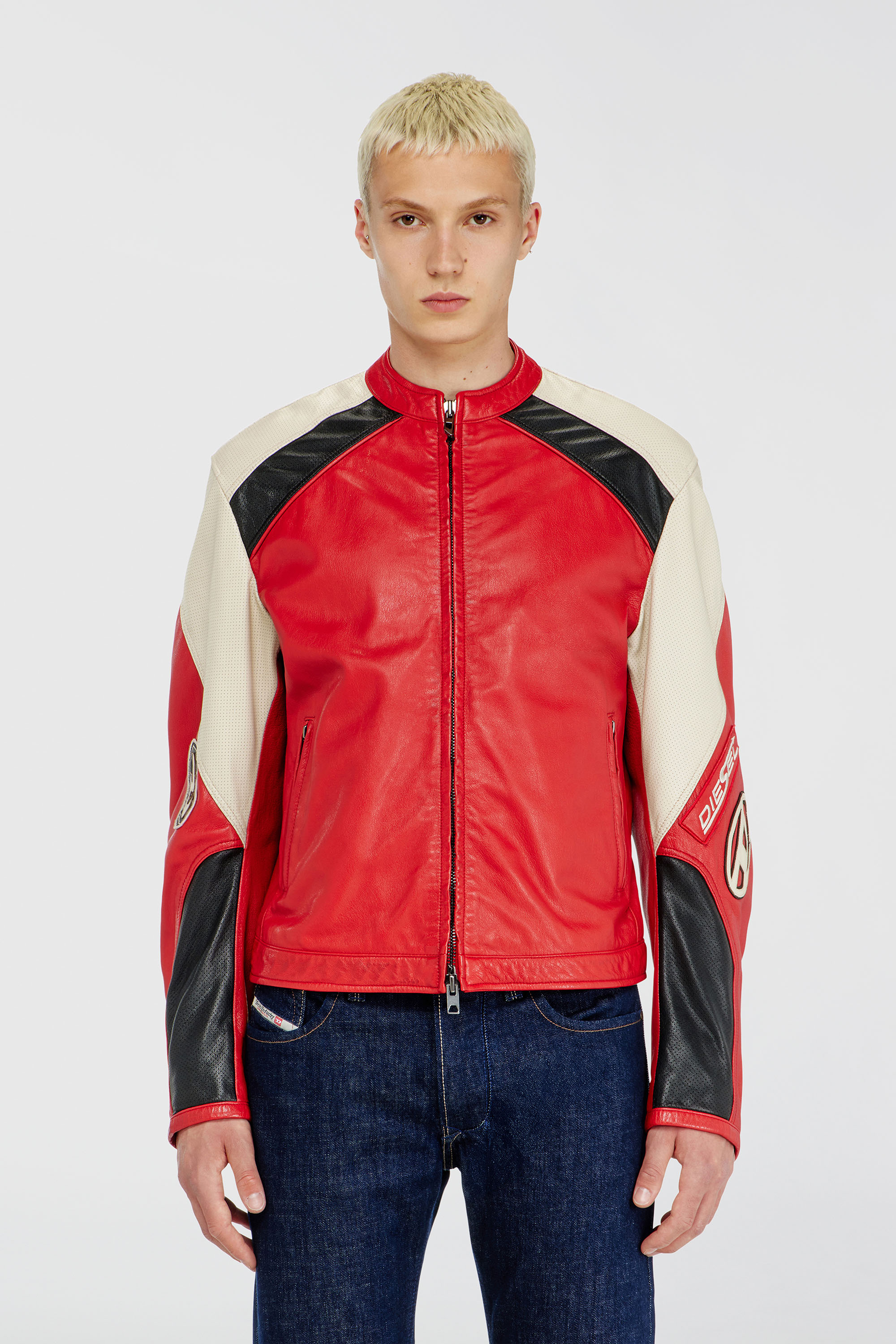 Diesel - L-AHTI, Man's Biker jacket in colour-block perforated leather in Beige/Red - 1