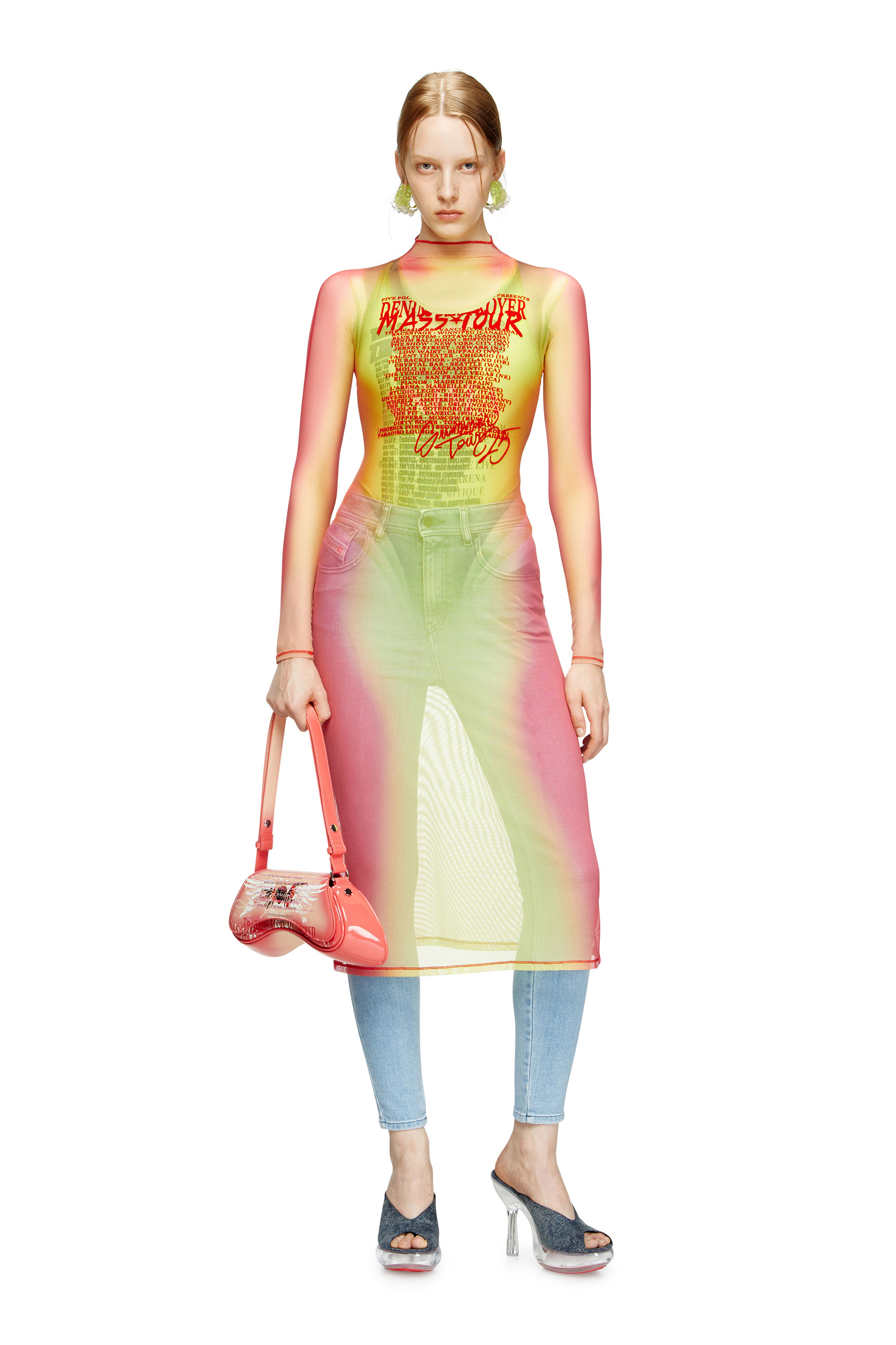 Diesel - D-AFNIC, Woman's Layered midi dress with lyrics print in Pink/Green - 1