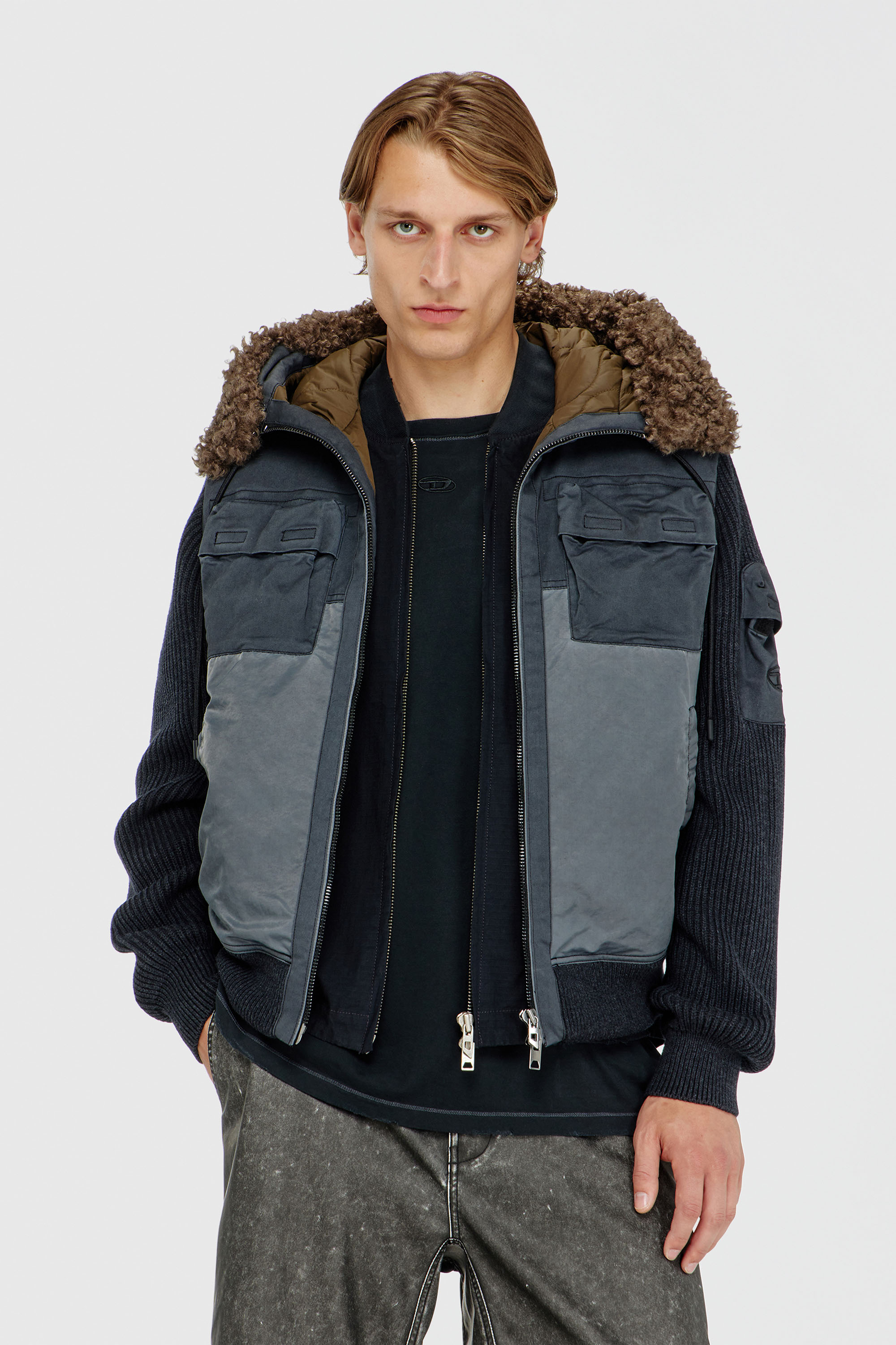 Diesel - W-DELLS, Man's Hooded padded jacket with knitted sleeves in Dark Blue - 1