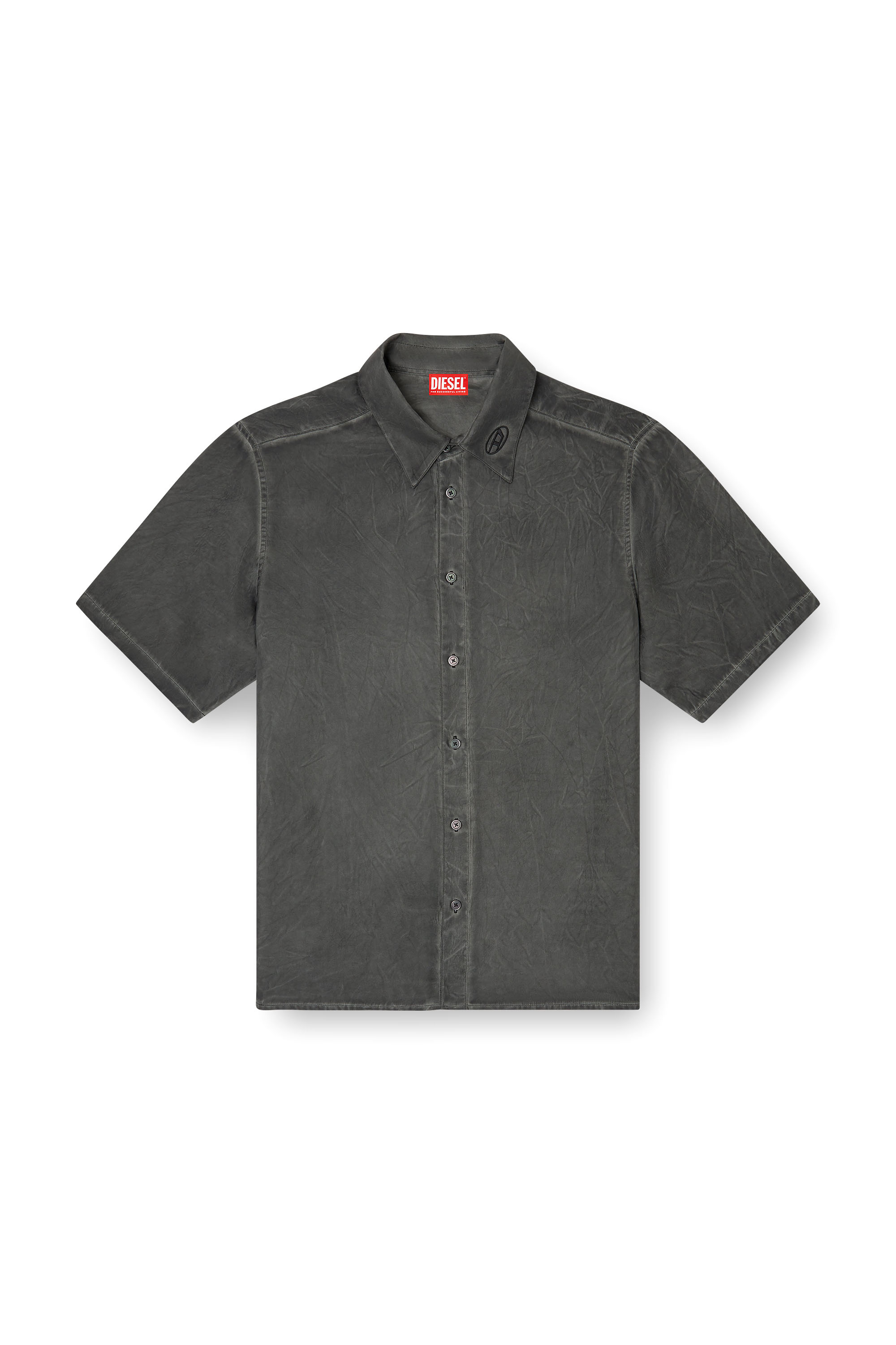 Diesel - S-LEON-SHORT, Unisex's Crinkled short-sleeve shirt with logo collar in Black - 3