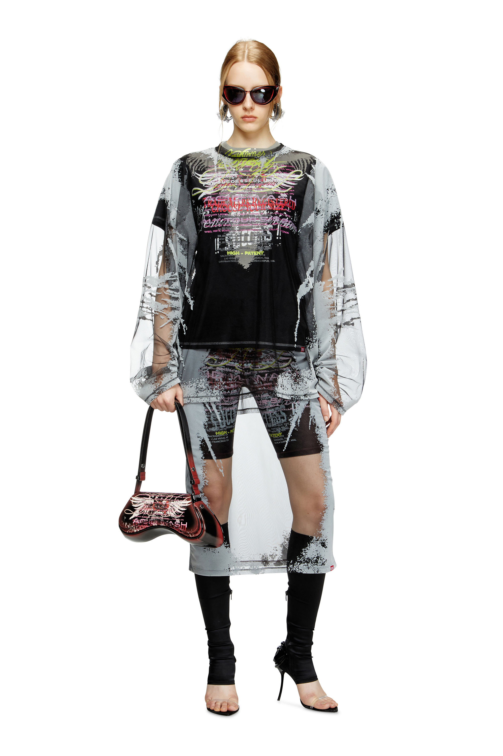 O-LYAC, Black/Grey Diesel - O-LYAC, Woman's Layered midi skirt with lyrics print in Black/Grey - 1