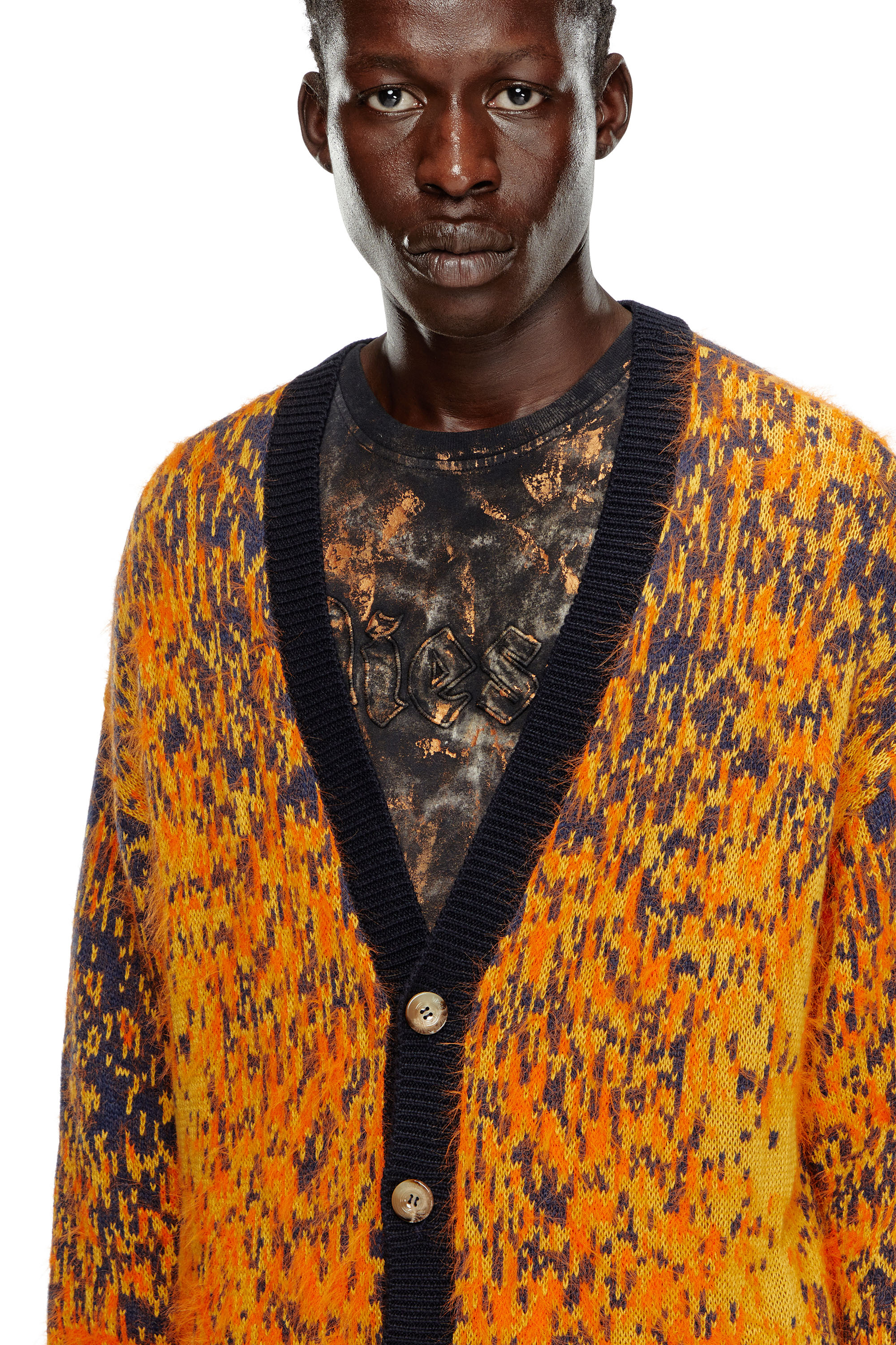 Diesel - K-RANGER, Man's Fuzzy cardigan with abstract pattern in Orange - 6