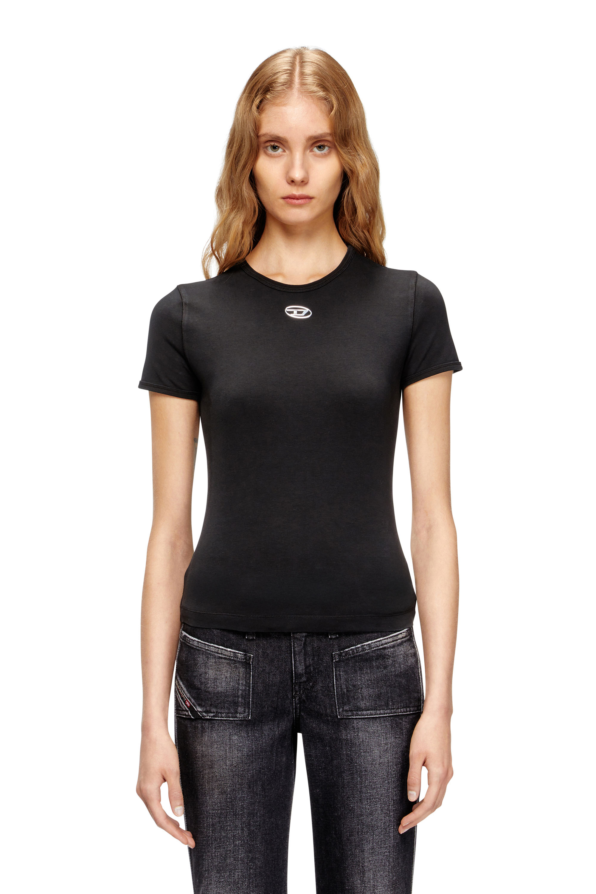 Diesel - T-UNCUTIESLONG-OD, Woman's Slim-fit T-shirt with metallic Oval D in Black - 1