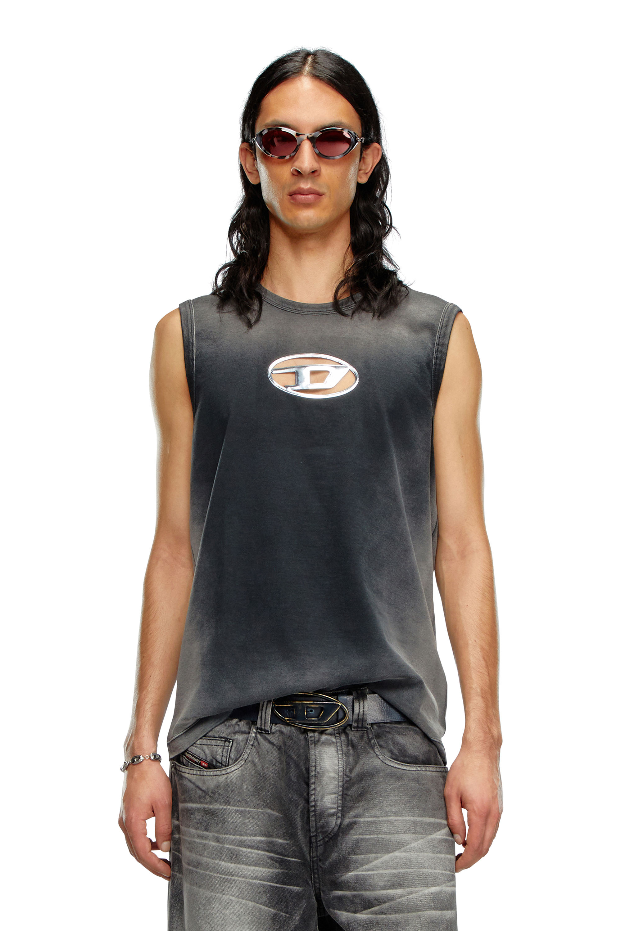 Diesel - T-BRICO, Man Faded tank top with puffy Oval D in Black - Image 1
