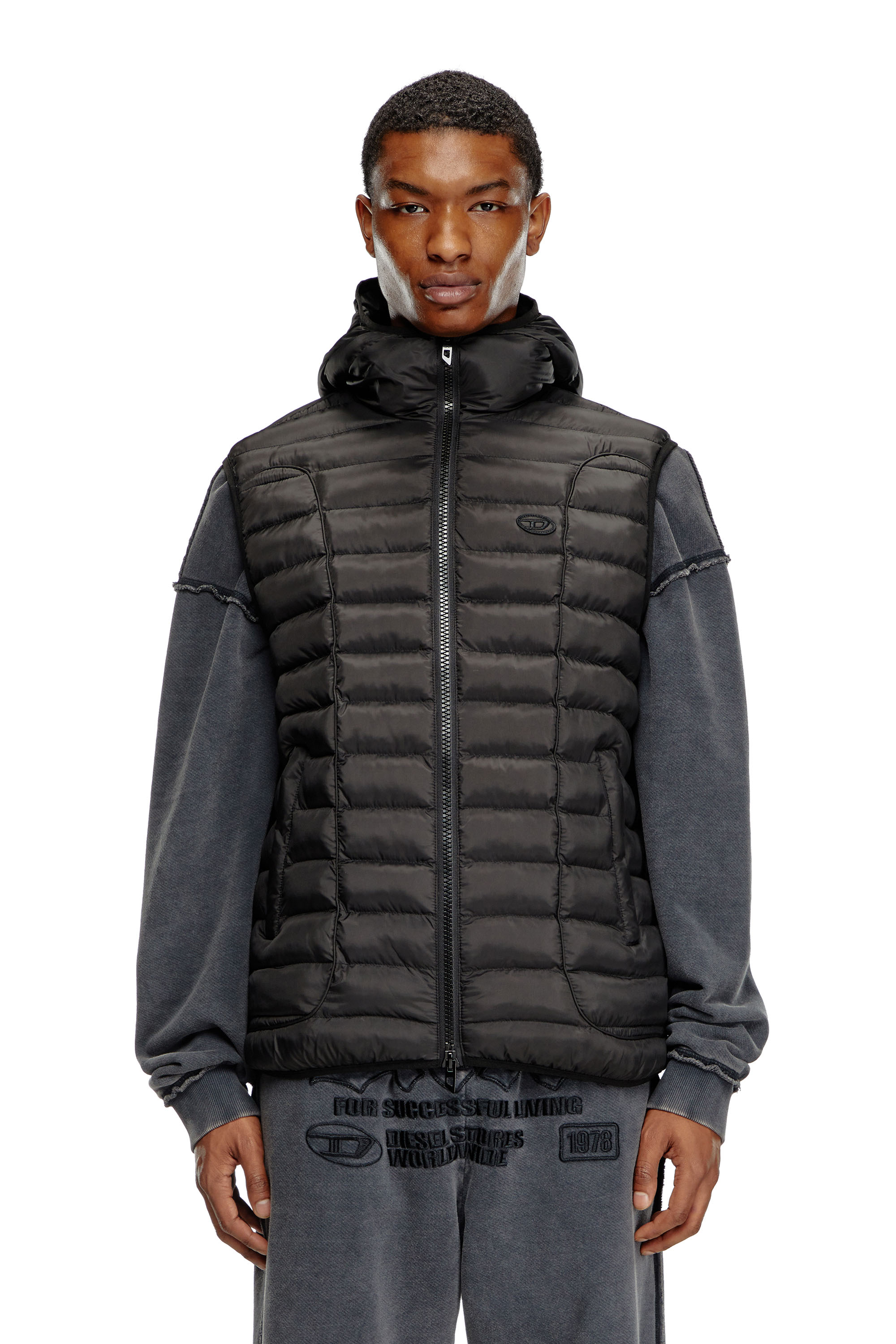 Diesel - W-TEMPLE, Man's Hooded puffer vest in light nylon in Black - 3