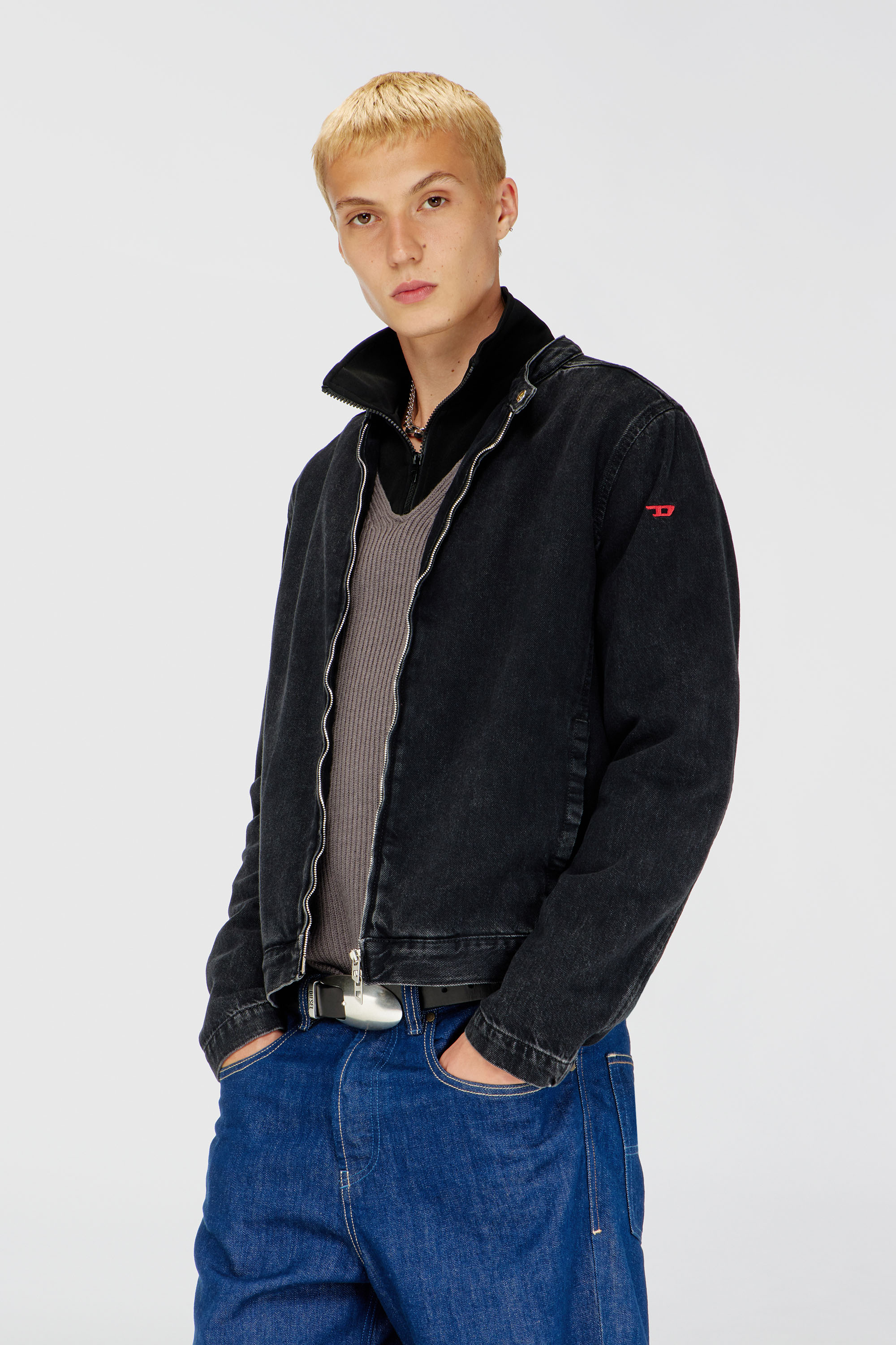 Diesel - D-GLORY, Man's Moto jacket in clean-wash denim in Black - 1