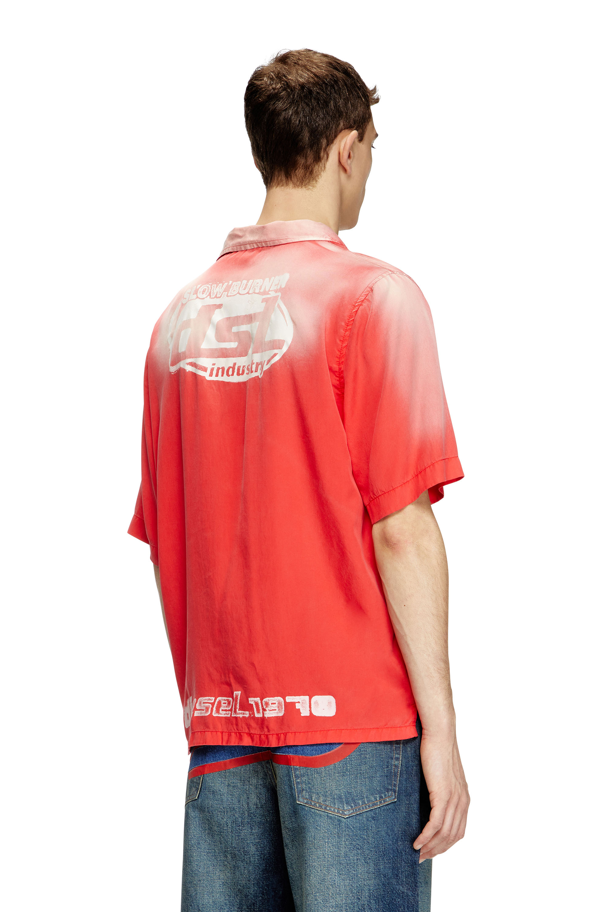 Diesel - S-ELLY, Man's Faded bowling shirt with logo prints in Red - 4