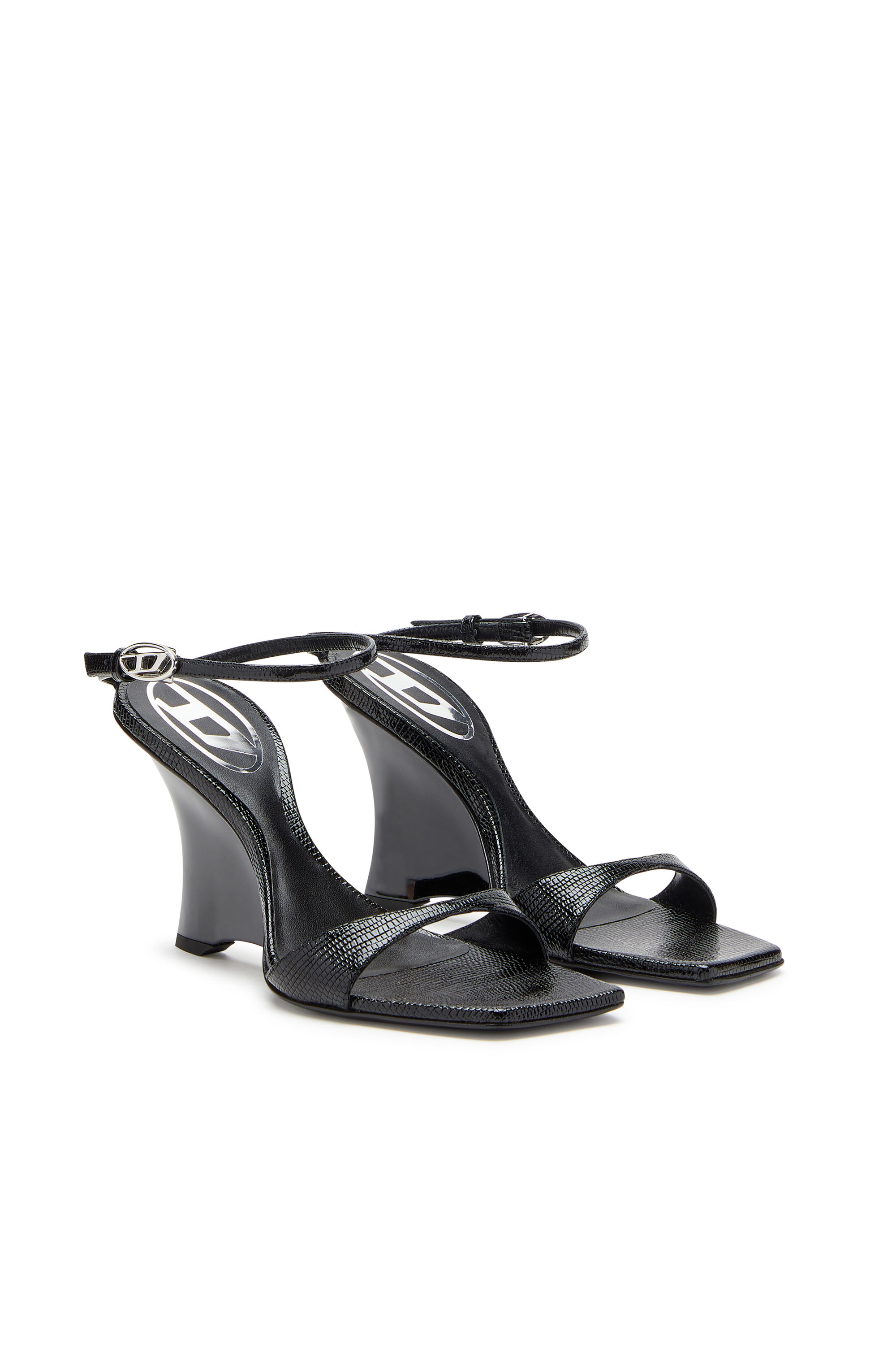 Diesel - D-AMBER SANDAL WEDGE, Woman's D-Amber-Wedge sandals in lizard-effect leather in Black - 4