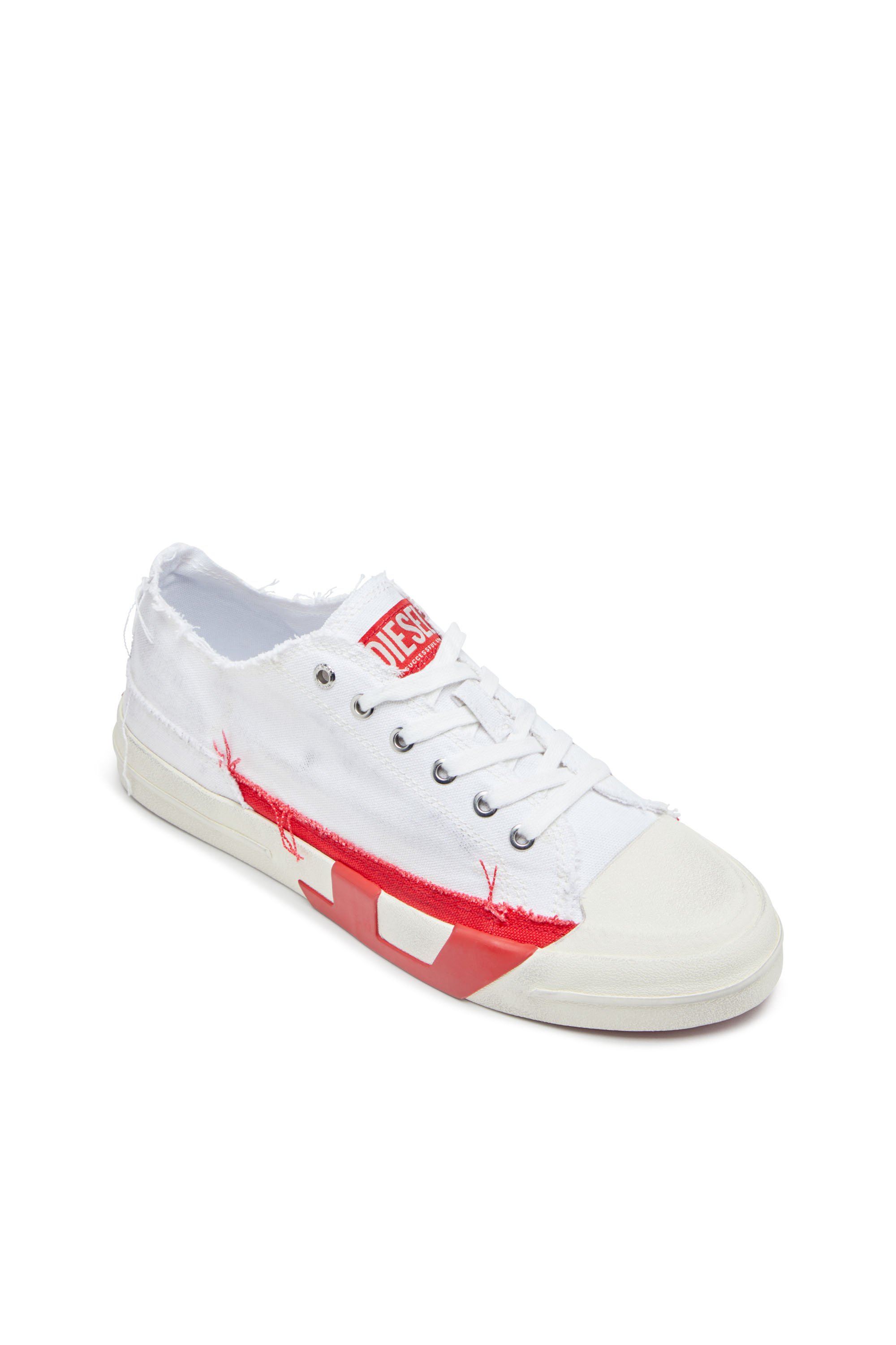 Diesel - S-D-VERSE LOW, Man's Dirty-effect canvas sneakers in White/Red - 6