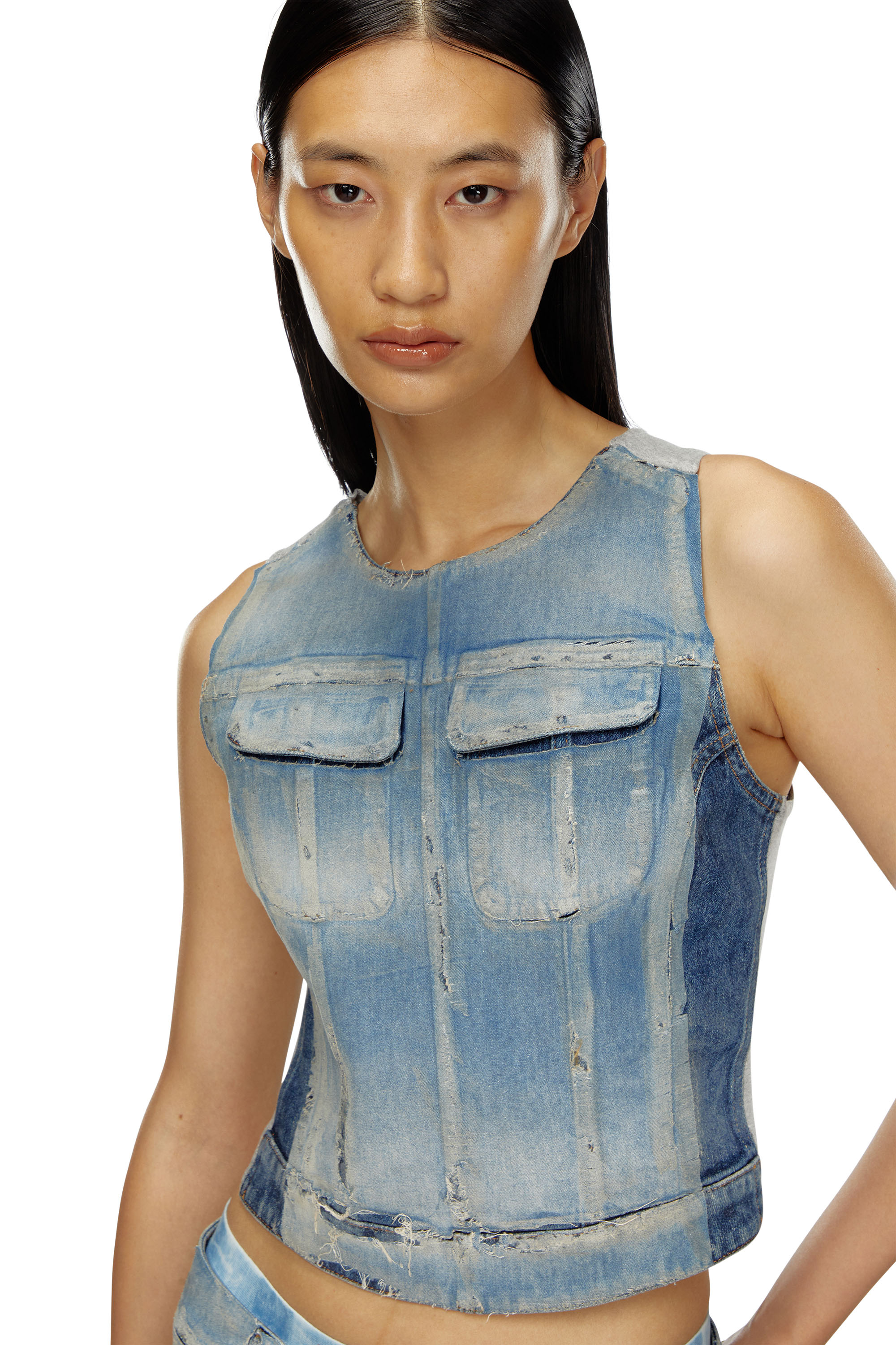 Diesel - DE-BENEDICTA-S, Woman's Top in peel-off denim and jersey in Light Blue - 5