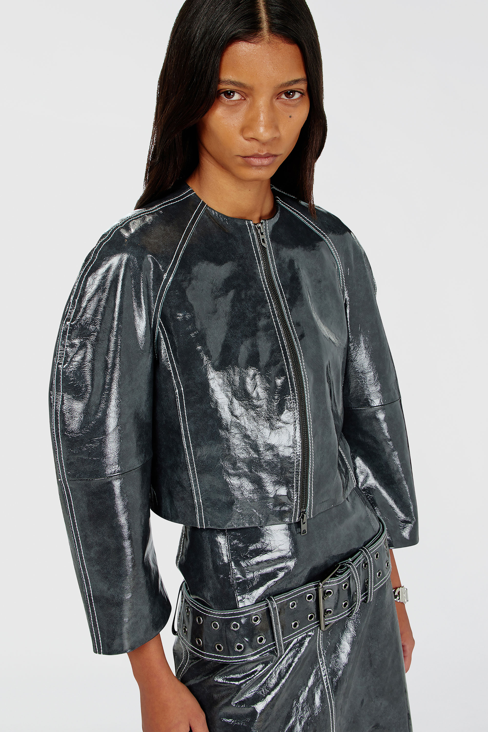 Diesel - L-ANDON, Woman's Patent-leather jacket with cocoon sleeves in Dark grey - 5