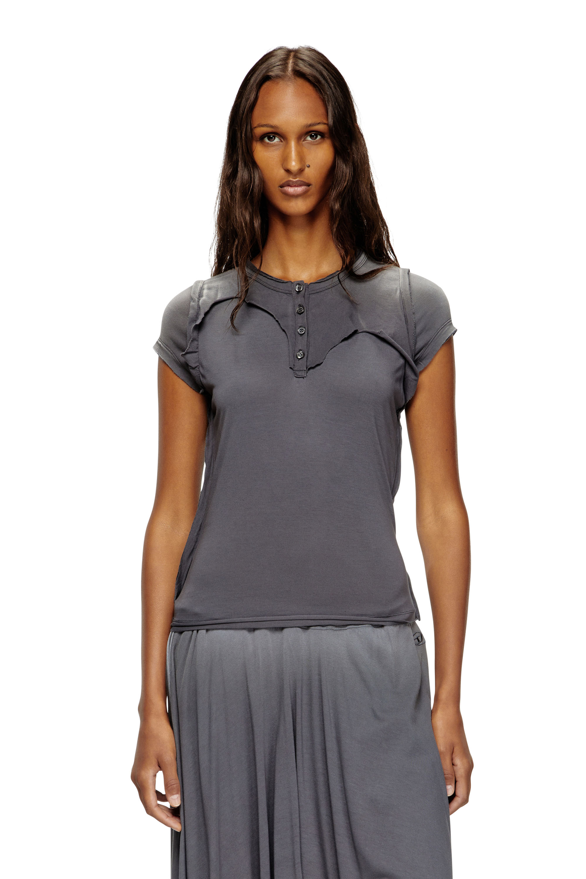 Diesel - T-UNRAWY, Woman's Henley T-shirt with peel-off effect in Grey - 3