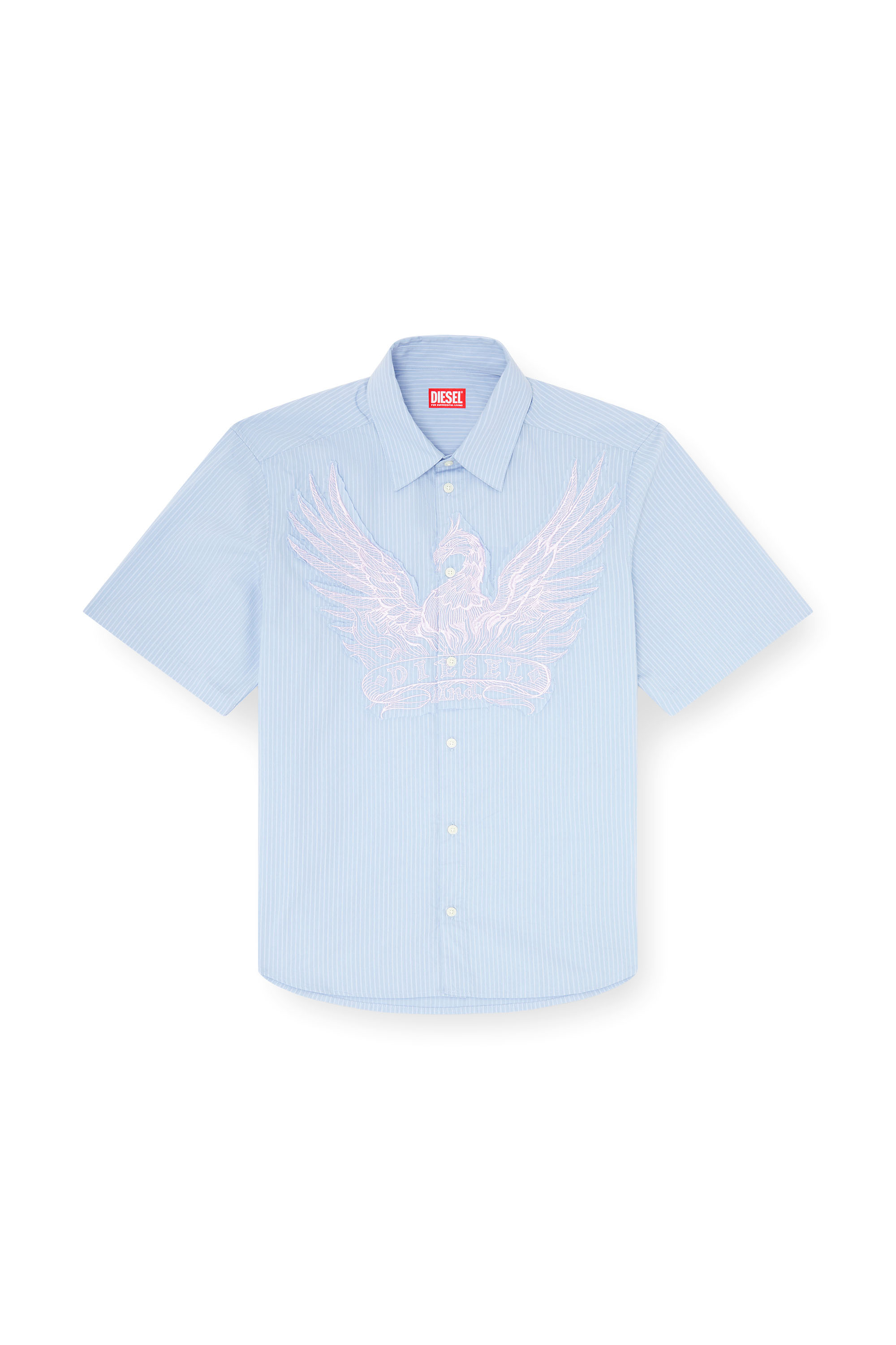 Diesel - S-SIMPLY-SS-AGCZ, Man's Striped poplin shirt with embroidered patch in Light Blue - 2