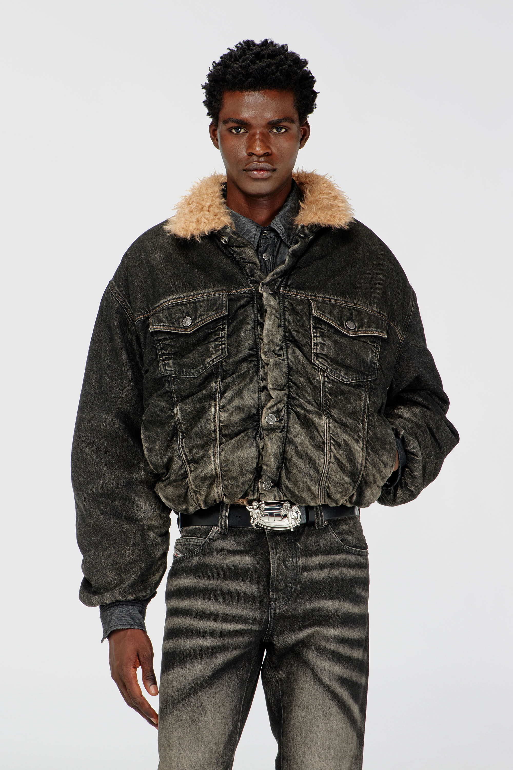 Diesel - D-CURLY-FSJ, Unisex's Teddy-lined trucker jacket in dirty-effect denim in Black - 1
