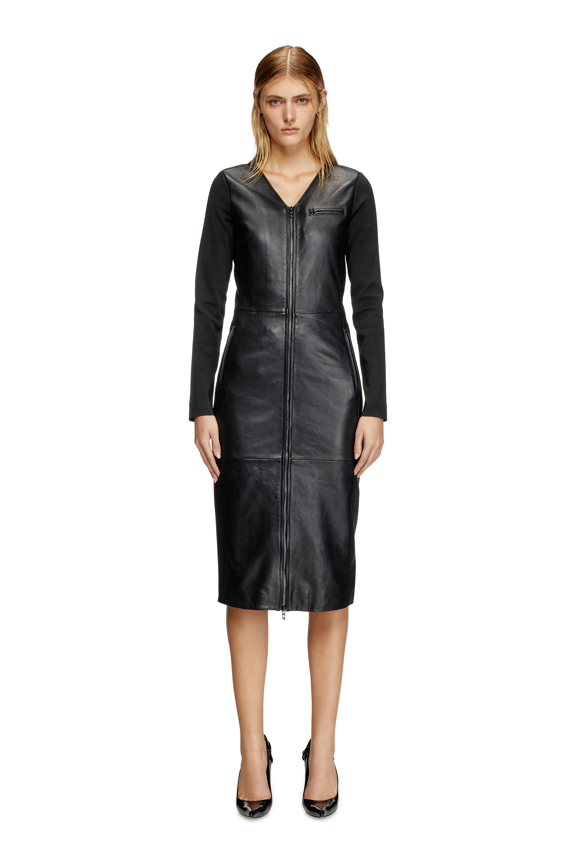 Diesel - L-OLA, Woman's Dress in leather and stretch knit in Black - 2