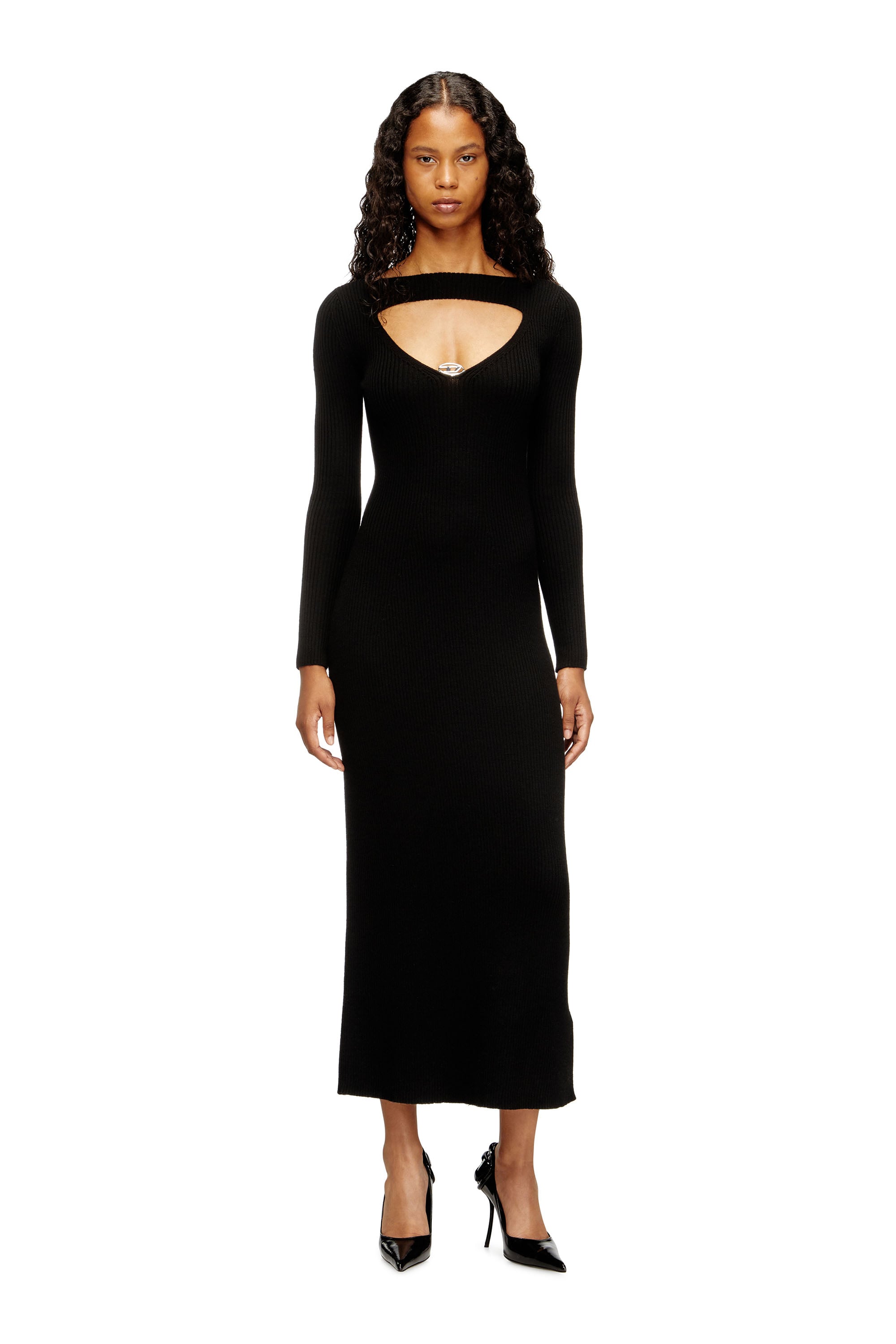 Diesel - M-OLONI, Woman's Midi wool dress with inlay in Black - 2