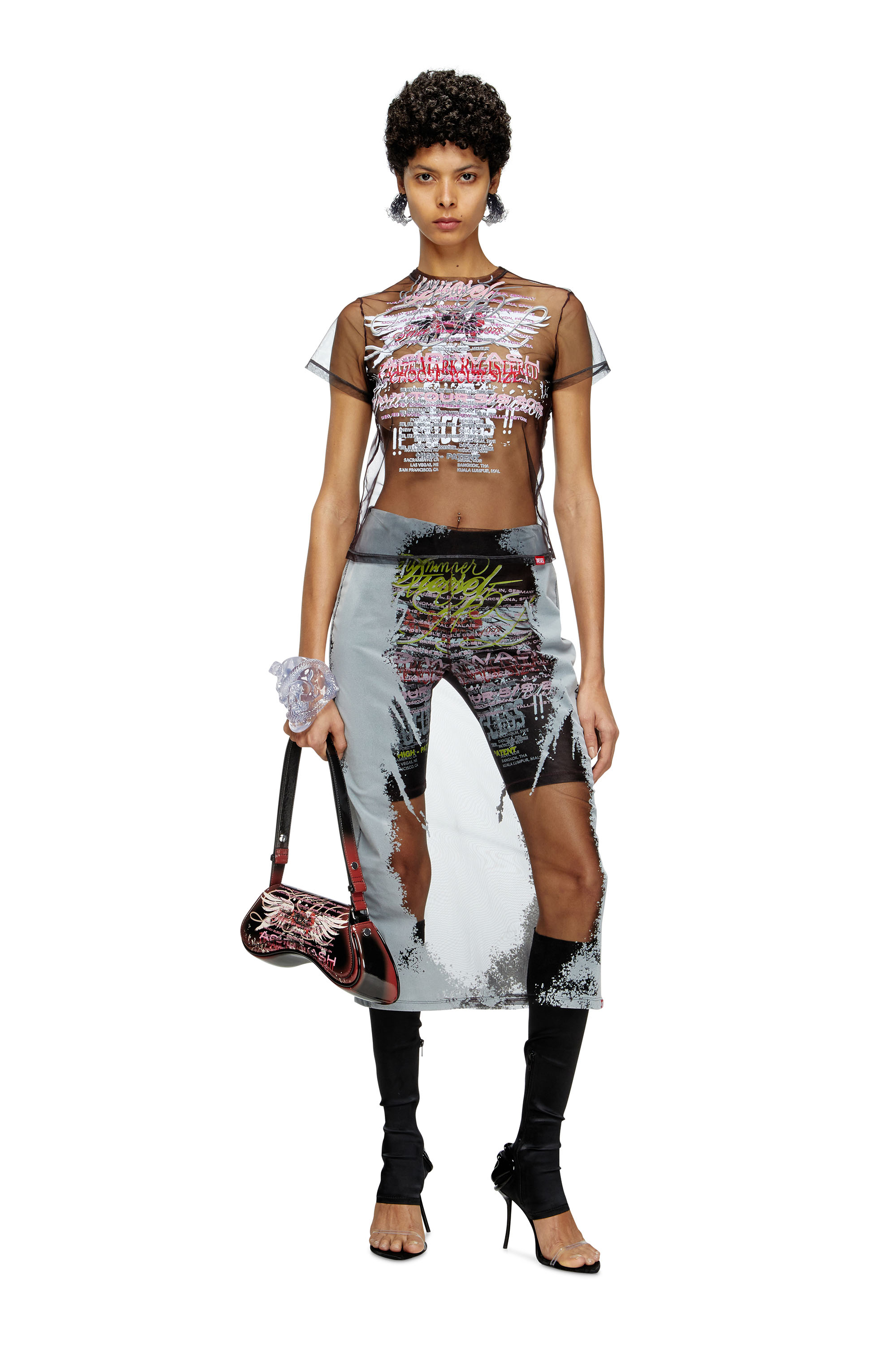 Diesel - T-YRAC, Woman's Sheer top with lyrics print in Black - 1