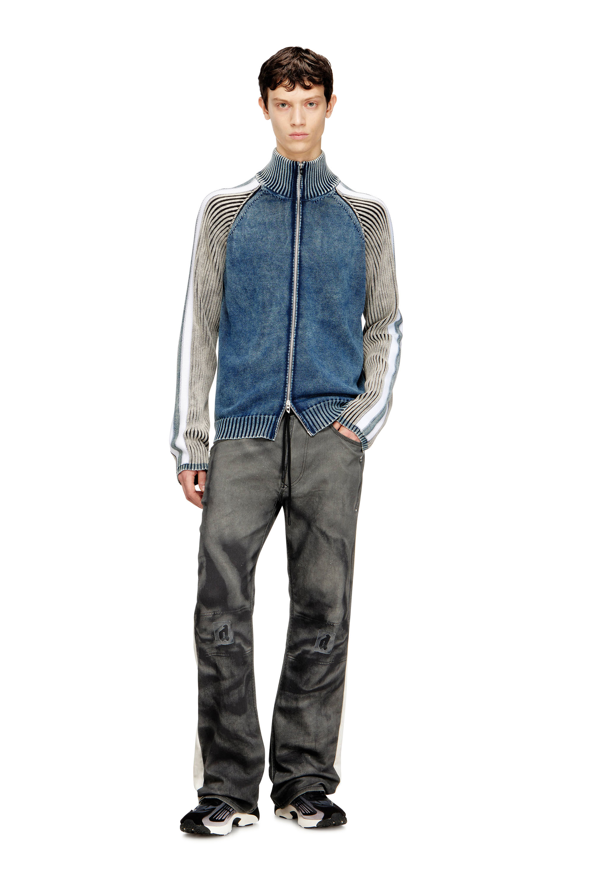 Diesel - K-HERONIMO, Man's Zip-up cardigan with sporty bands in Blue/Grey - 2